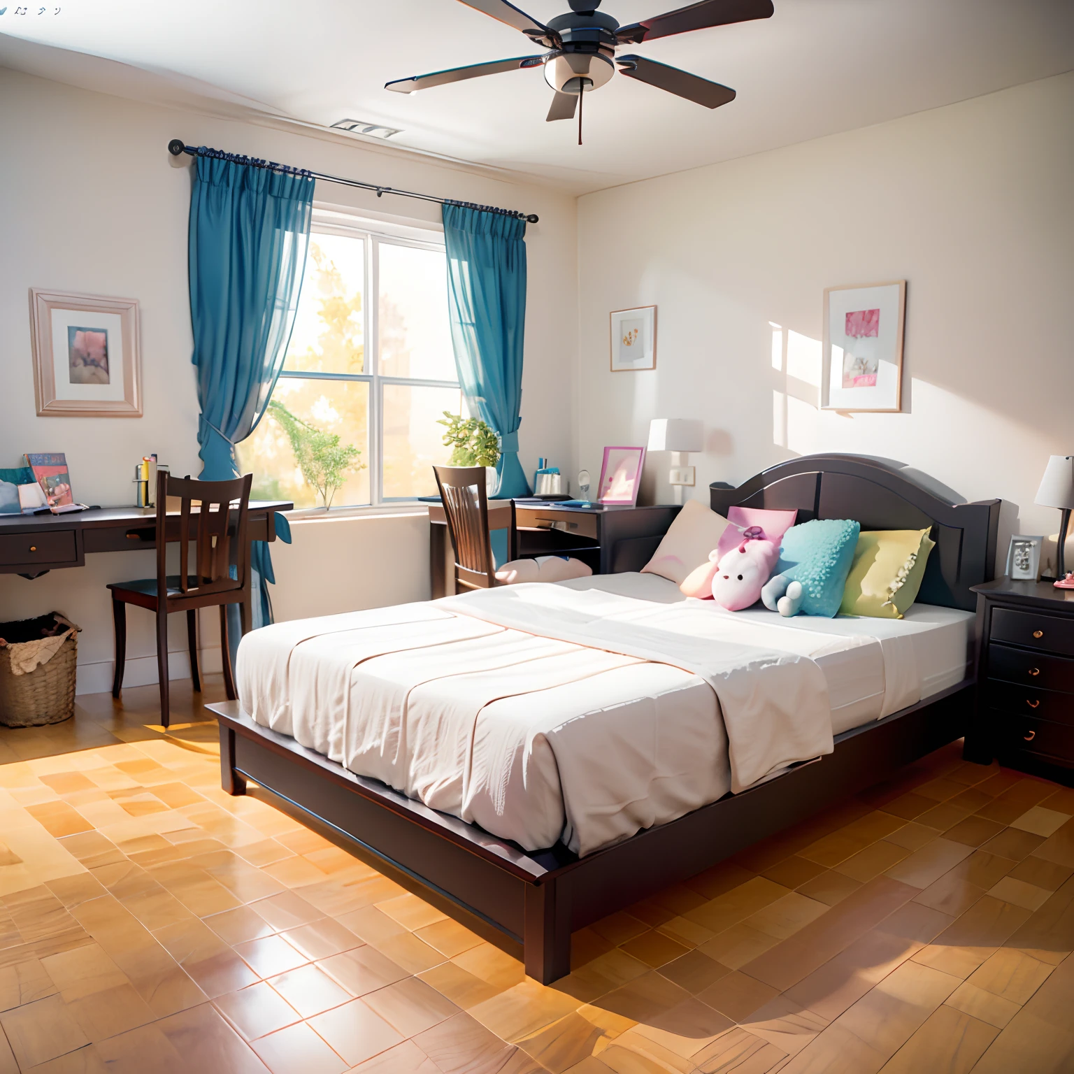 Small, average children's room、There is a single wooden bed、white and blue、The study desk is a wooden desk、Floor flooring、