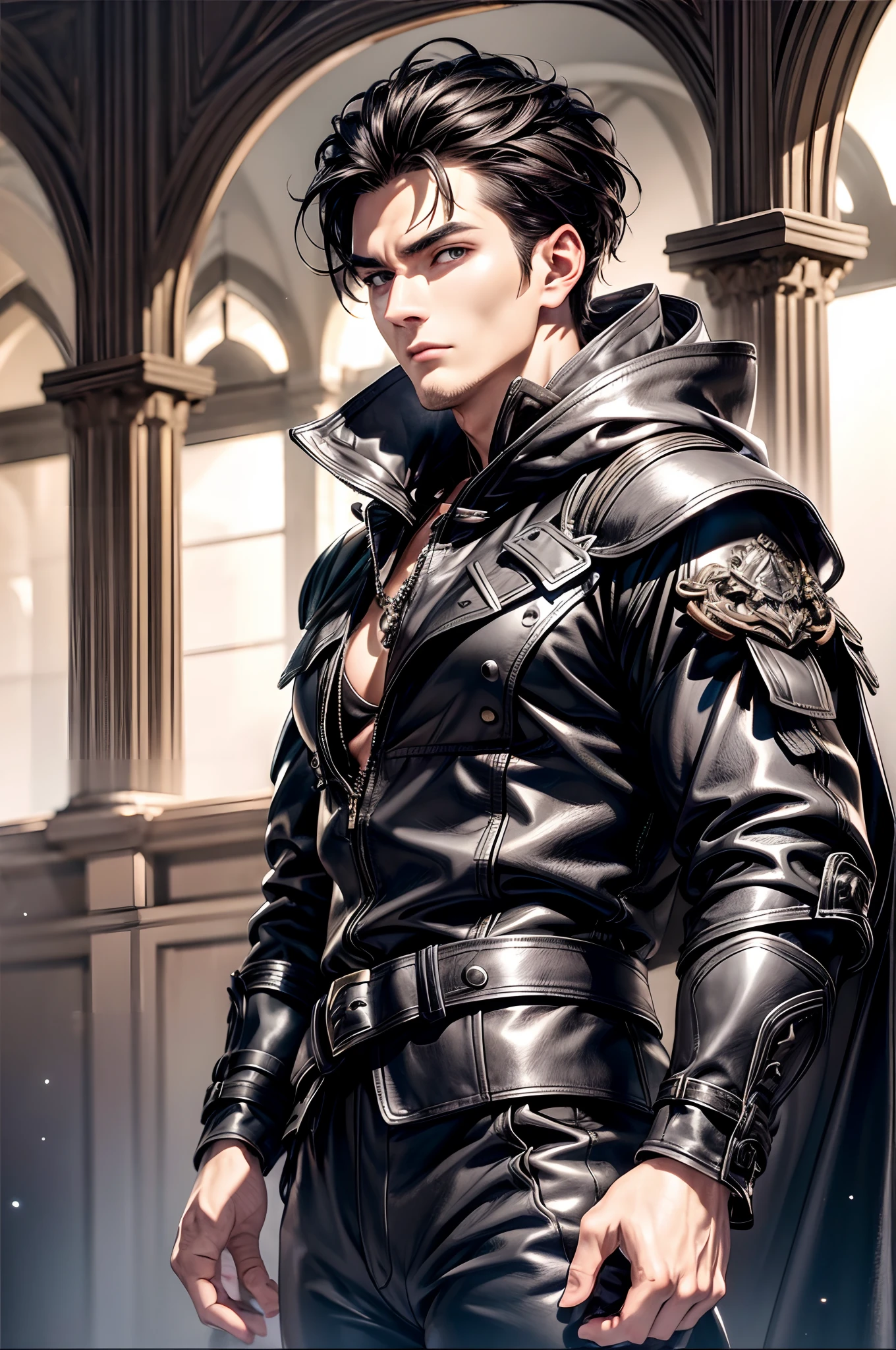 (absurderes, hight resolution, ultra-detailliert), 1 male, Adult, Handsome, High muscular face, broad shoulders, finely detailed eyes, Short black hair, Brown eyes, Black cloak, Wearing a hood, Leather Vest, Leather bag at waist..................., 2 daggers on the belt, castle, Medieval atmosphere, Natural Light and Shadow, Bright particles fly around a person, Fantastic, Mysterious, Bright glow, Seated Pose, Serious expression, Cold, thoughtful, Mouth Shut