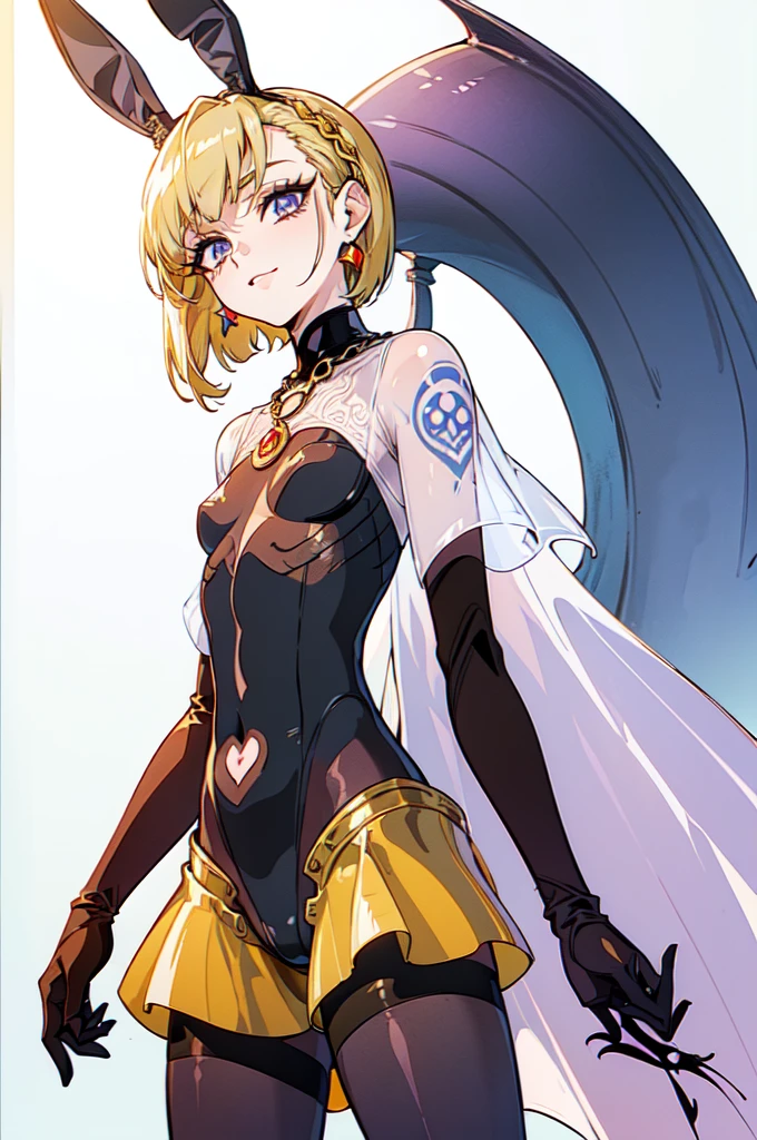 "(masterpiece:1.1), best quality, 
1girl, (80s anime style:1.4), (eyelashes:1.5),(loli:1.2), 
(intricate high detailed body:1.2), 
yellow hair, 
(hair slicked back:1.2), (short hair, french braid:1.1), (rabbit ears:1.2), 
purple eyes, (red lip stick, eye shadow:1.1), 
(pale skin:1.3), (small breasts, flat chest:1.1), 
happy, smile, 
(see-through cloth body suit armor, navel cutout, tattoo:1.2), (pantyhose:1.1), 
(knight armor, armored boots:1.2), (ribbon:1.1), (earrings:1.1), necklace, 
standing, crossed arms, 
(cowboy shot, looking at viewer, from front:1.1),
(simple white background:1.2)"