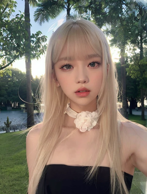 blond woman with long hair wearing a black dress and a white collar, lalisa manobal, lalisa manoban of blackpink, roseanne park of blackpink, white hime cut hairstyle, the hime cut, with bangs, with full bangs, portrait of jossi of blackpink, jossi of blackpink, belle delphine, shikamimi, long hair with full bangs
