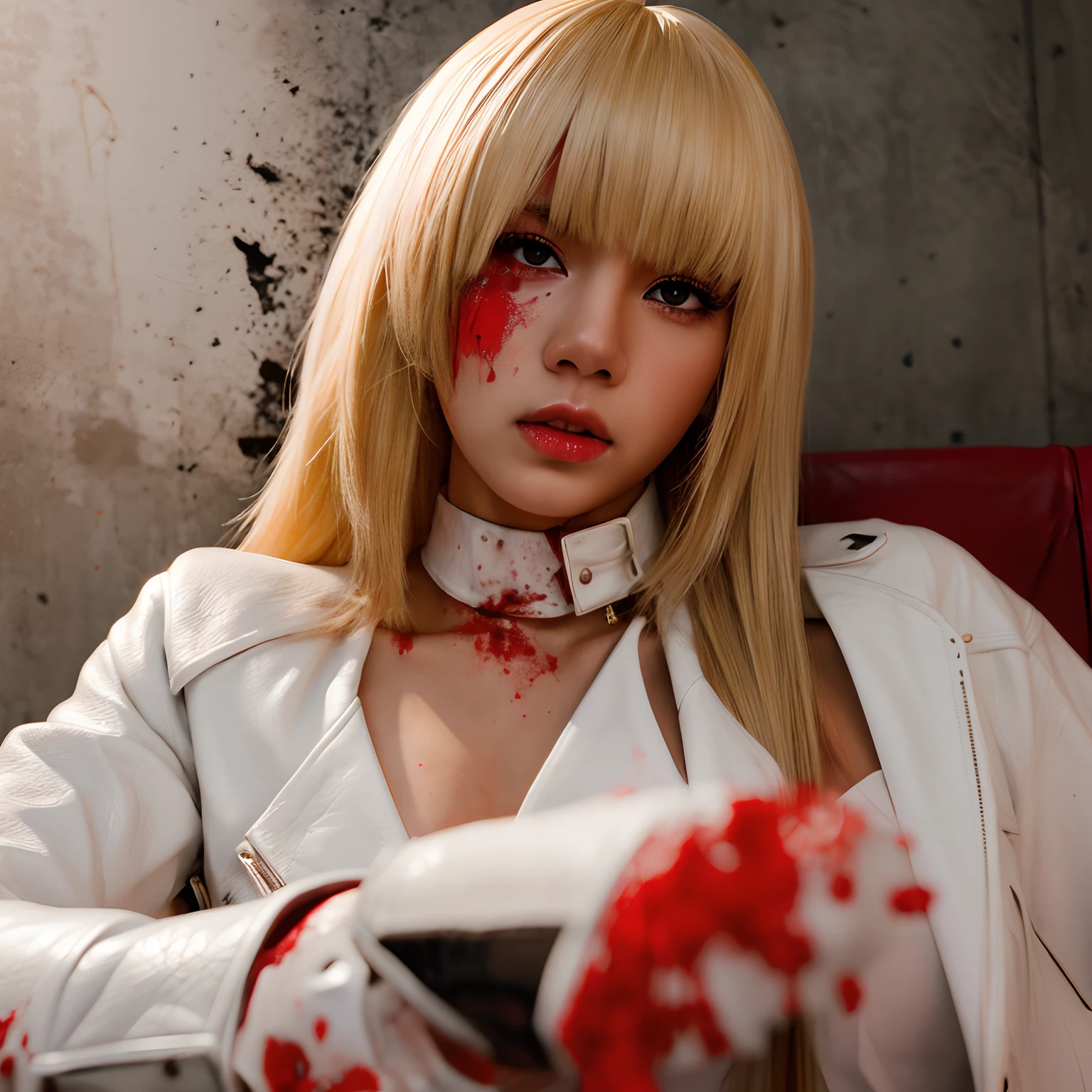 (best quality,ultra-detailed,photorealistic),attractive asian girl,serious and penetrating gaze,holding a knife,dressed in a white dress with splatters of blood,leather jacket,blonde hair.