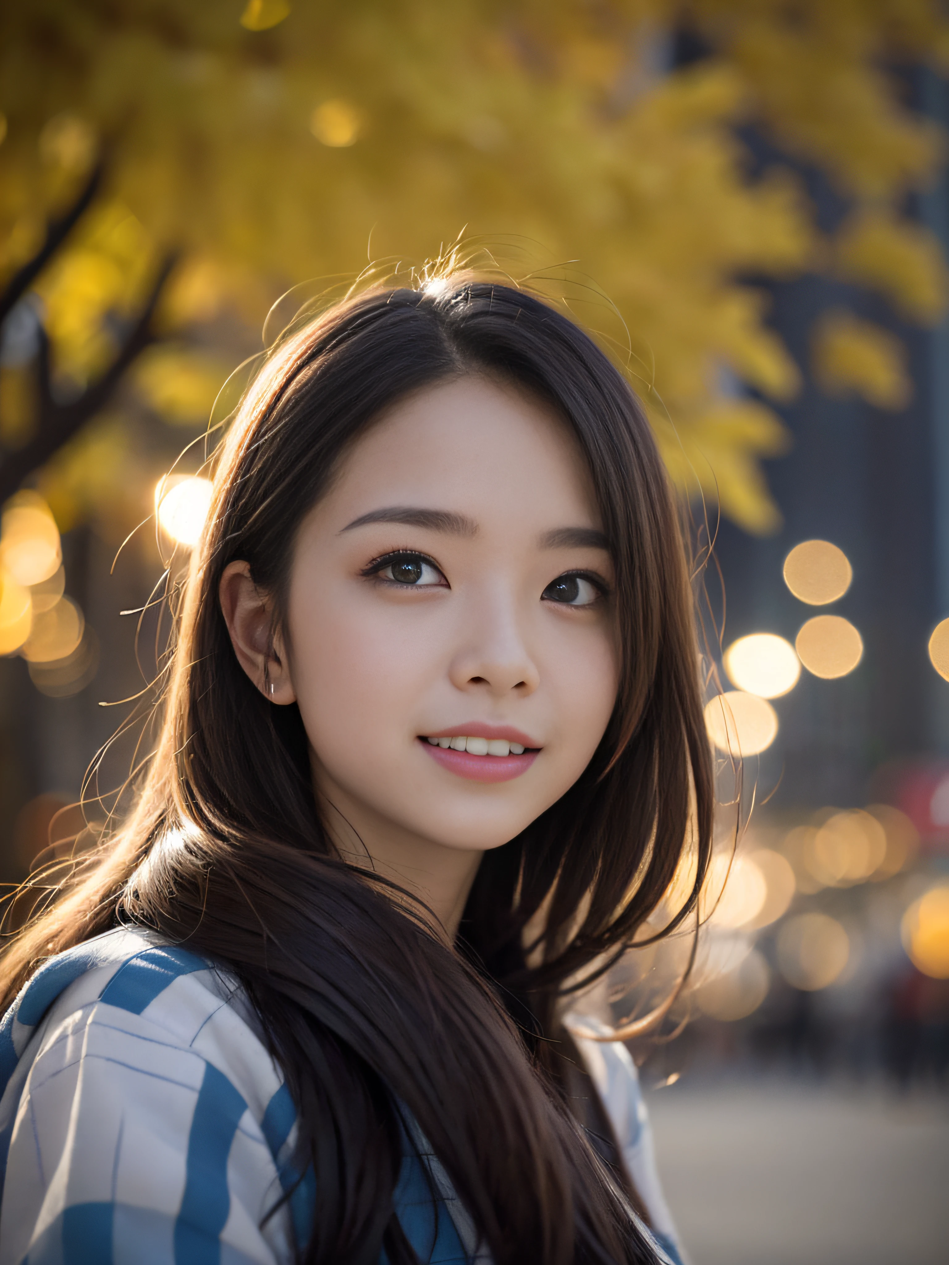 RAW image quality、8K分辨率、Ultra-high-definition CG images、Skyscraper street at night、(Ginkgo Autumn🍁)、Moonlight、17 year old beautiful woman、Detailed beautiful eyes、Clear skin、Cyberpunk Complex Streetwear、Colossal tits、In a row of ginkgo trees、depth of fields、masutepiece、absurderes、24K Graphic Arts、Carefully drawn background、Composition with depth、sano、jumpy、A smile、Bokeh background、