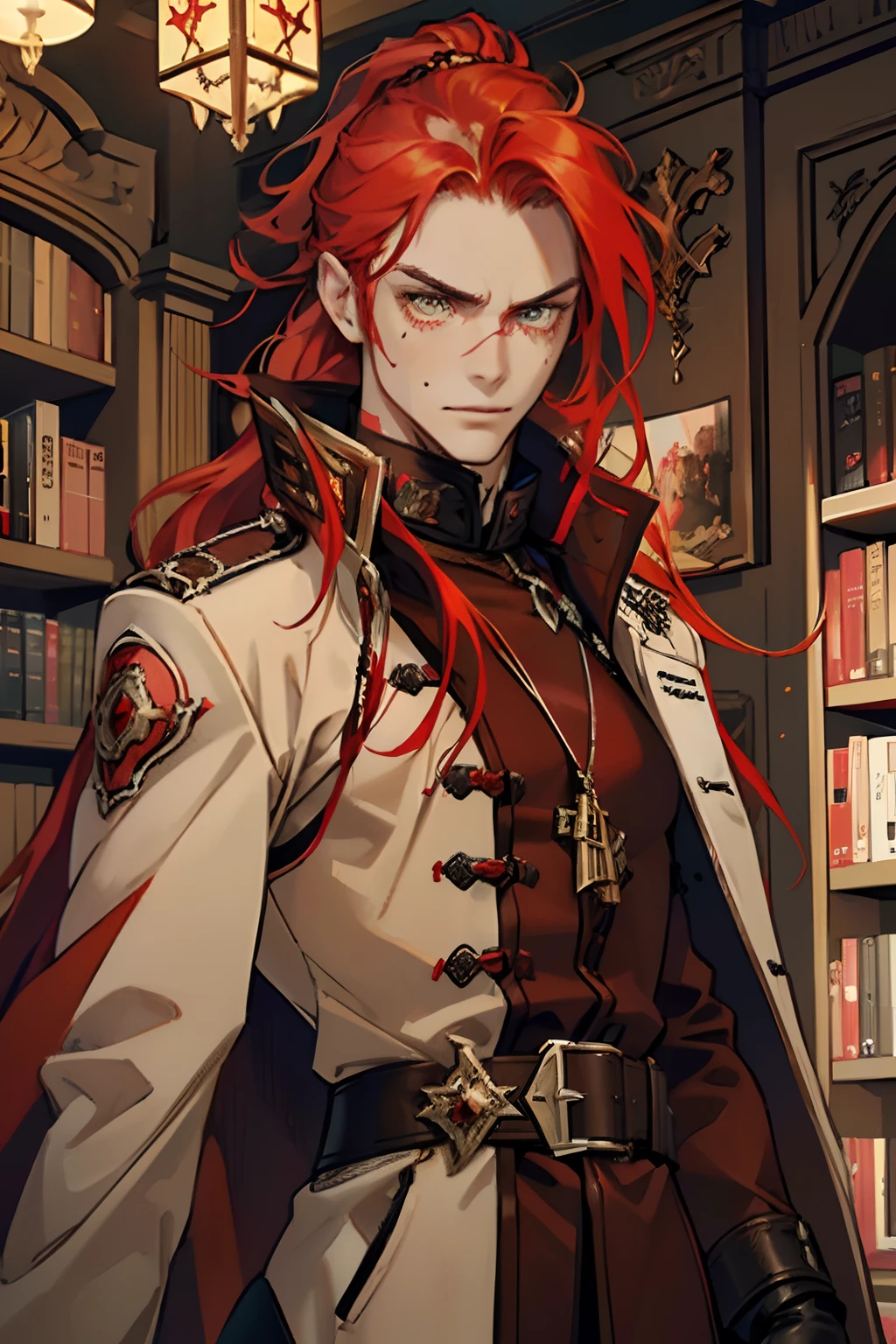 (((ember))), Guy, slim physique, ah high, A young, Long red hair, hair in a ponytail, (((amber eyes))), higly detailed, Gloomy, European, (((Senior))), wrinkles, Without bristles, Gloomy, (((red chestcoat))), gloves, aristocracy, freckles, library, (((No tattoos))), (((narrowed eyes))), (((closed clothing))), yellow eyes, up close