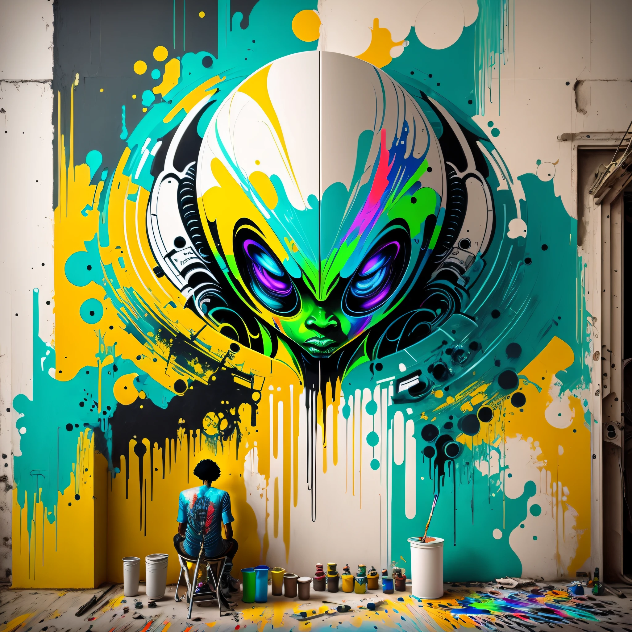 alien graffiti artist, painting wall, with high-tech paint roller, high-tech painting materials, futuristic, afro-futuristic, graffiti style --auto --s2