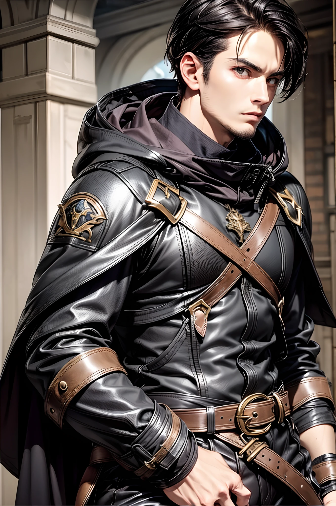 (absurderes, hight resolution, ultra-detailliert), 1 male, Adult, Handsome, High muscular face, broad shoulders, finely detailed eyes, Short black hair, Brown eyes, Black cloak, Wearing a hood, Leather Vest, Leather bag at waist...................., 2 daggers on the belt, castle, Medieval atmosphere, Natural Light and Shadow, Bright particles fly around a person, Fantastic, Mysterious, Bright glow, Seated Pose, Serious expression, Cold, thoughtful, Mouth Shut