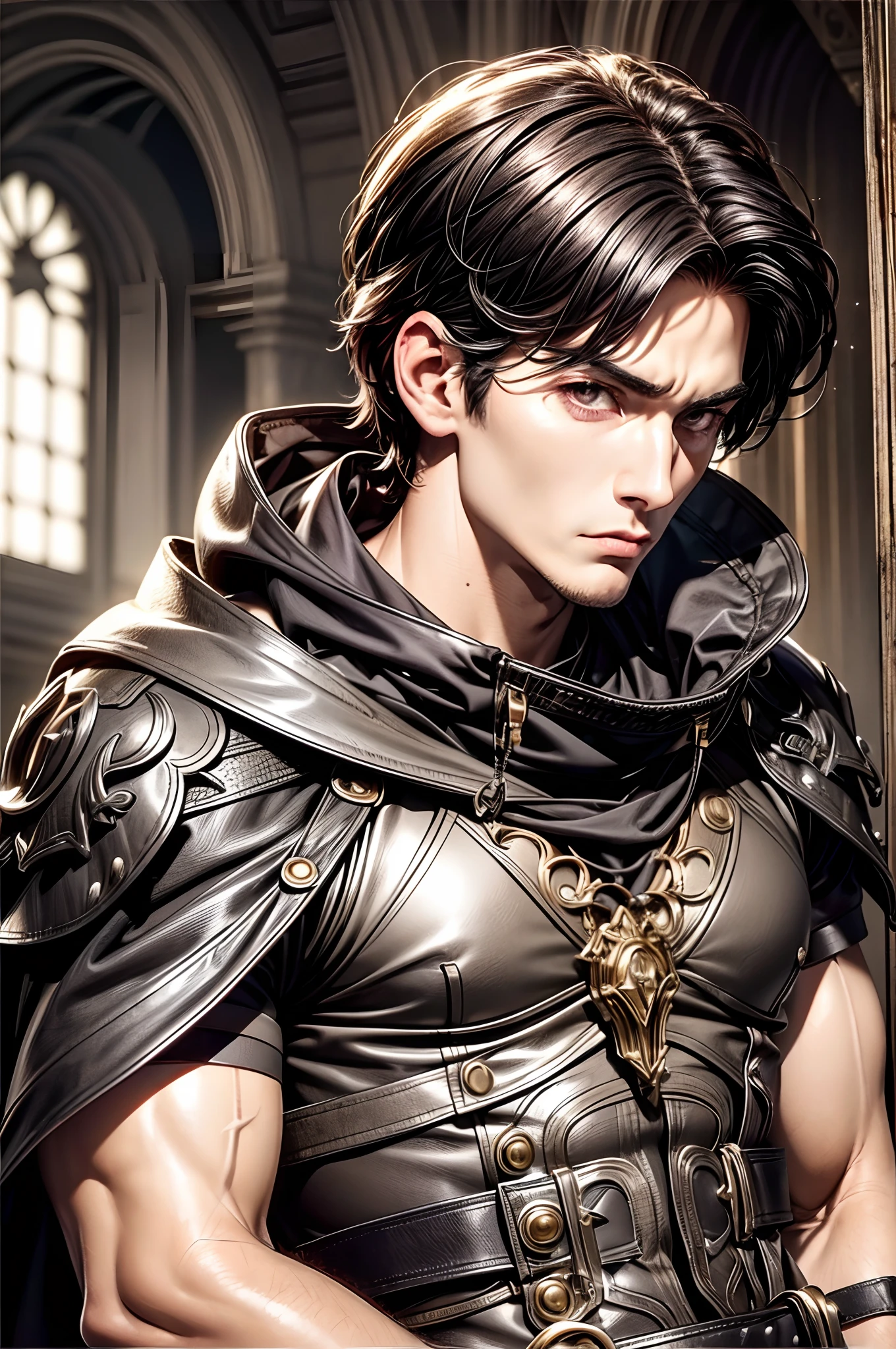 (absurderes, hight resolution, ultra-detailliert), 1 male, Adult, Handsome, High muscular face, broad shoulders, finely detailed eyes, Short black hair, Brown eyes, Black cloak, Wearing a hood, Leather Vest, Leather bag at waist...................., 2 daggers on the belt, castle, Medieval atmosphere, Natural Light and Shadow, Bright particles fly around a person, Fantastic, Mysterious, Bright glow, Seated Pose, Serious expression, Cold, thoughtful, Mouth Shut