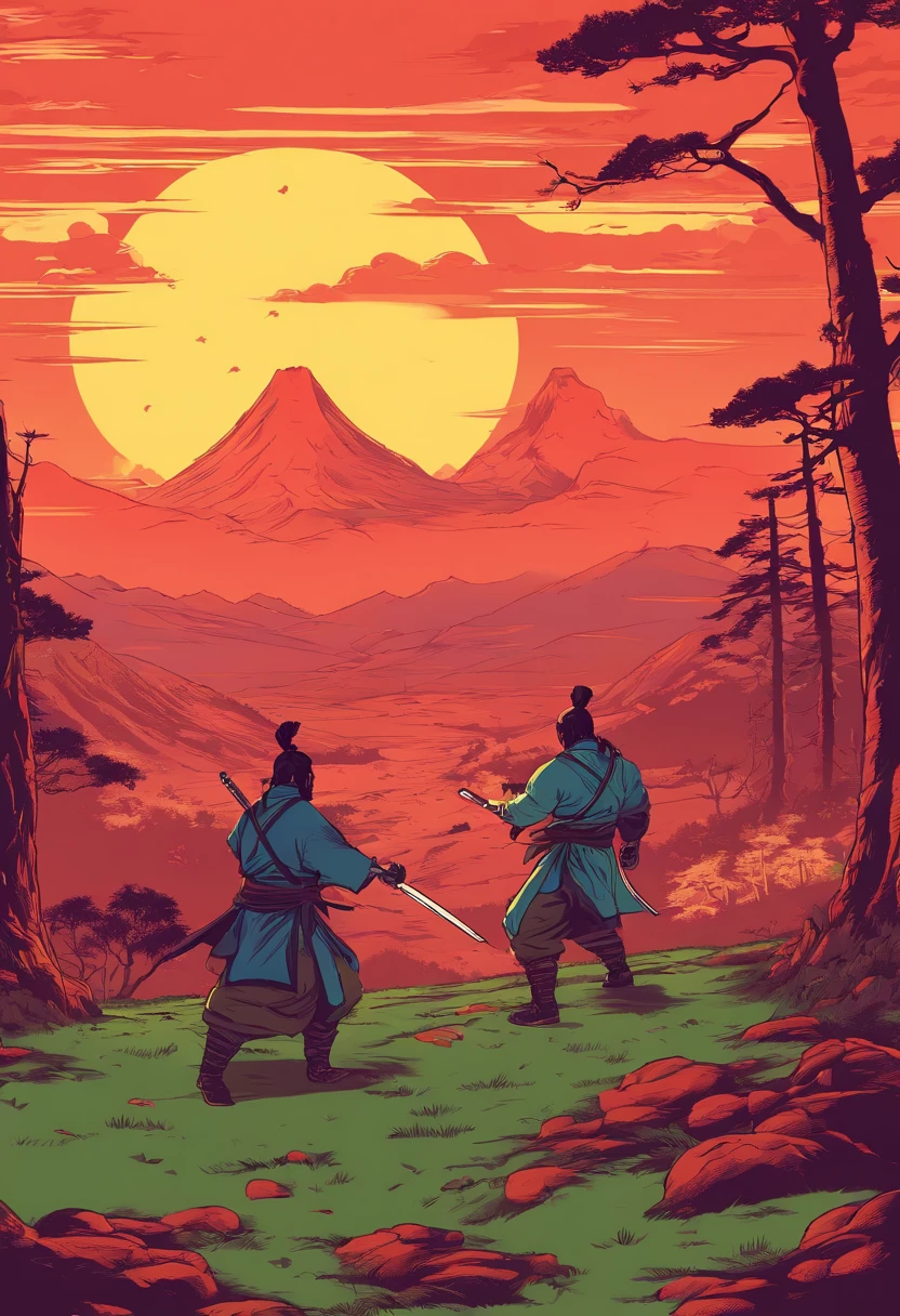 HD clear，Optimal image，illustration，超詳細，high detal，Two samurai fought on the hills，eventide，In the daytime，，katana swords，longspear，preparing to fight，Blood dripping