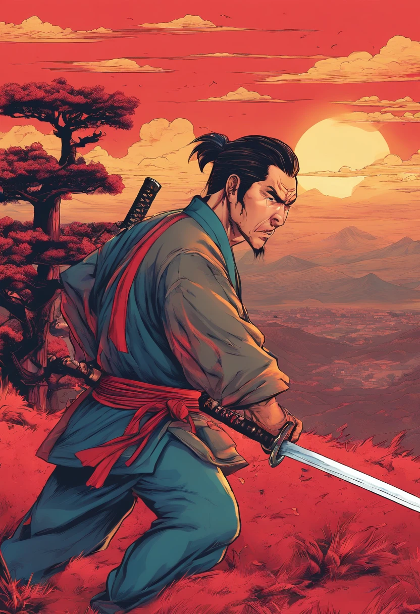 HD clear，Optimal image，illustration，超詳細，high detal，Two samurai fought on the hills，eventide，In the daytime，，katana swords，longspear，preparing to fight，Blood dripping