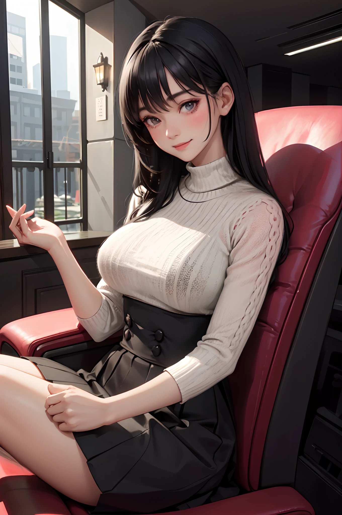 1lady sitting on theater seat, leaning back, /(knitted shirt/) /(high-waist long skirt/), mature female, /(black hair/) bangs, blush kind smile, (masterpiece best quality:1.3) delicate illustration ultra-detailed, large breasts arms down BREAK /(theater indoors/) dark room