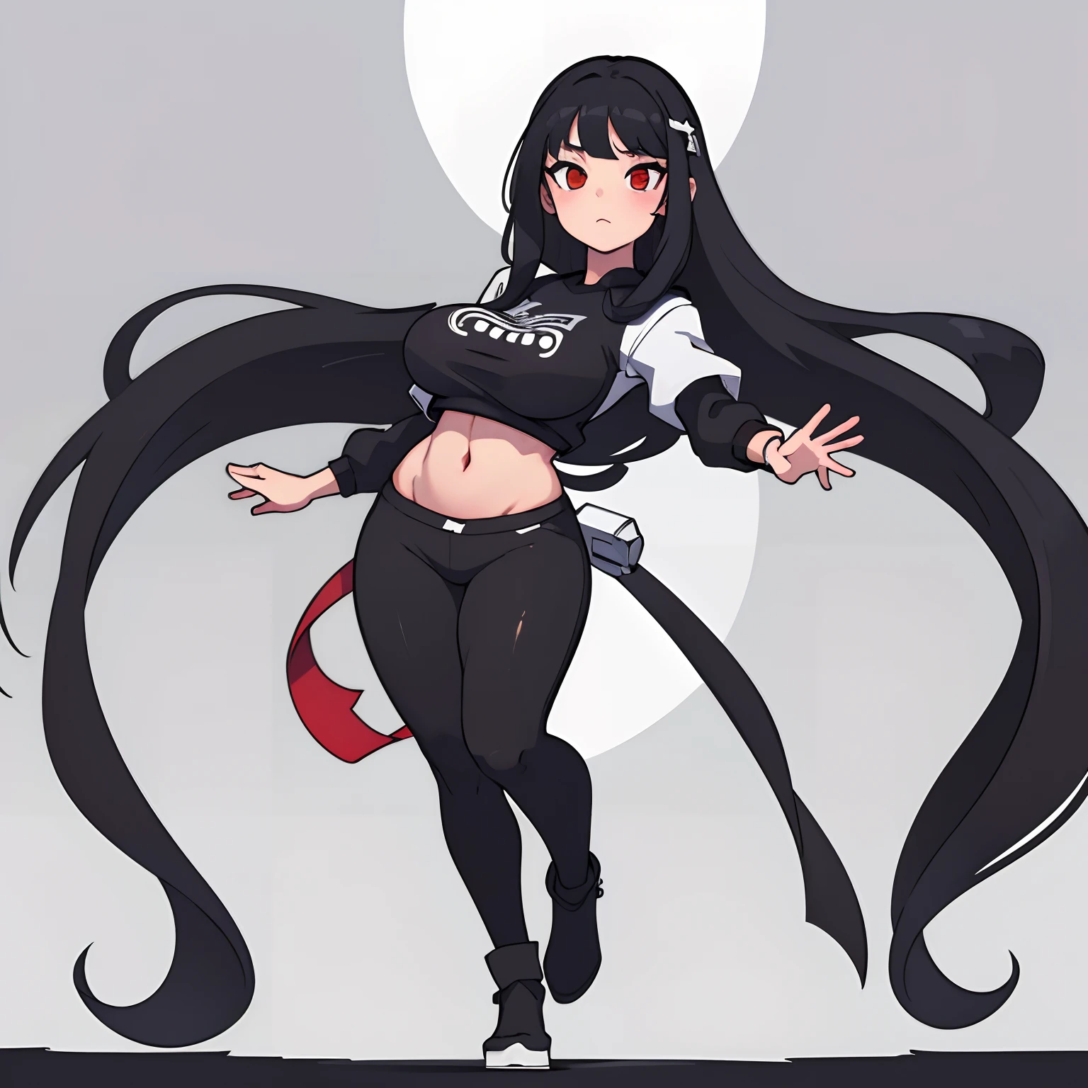 (best quality, masterpiece, illustration:1.1), [[[1girl]]], teenage woman, long black hair, giant boobs, white top, black gympants,  red eyes, beautiful, perfect body, perfect proportions, full body, idle pose, no background, tall woman.