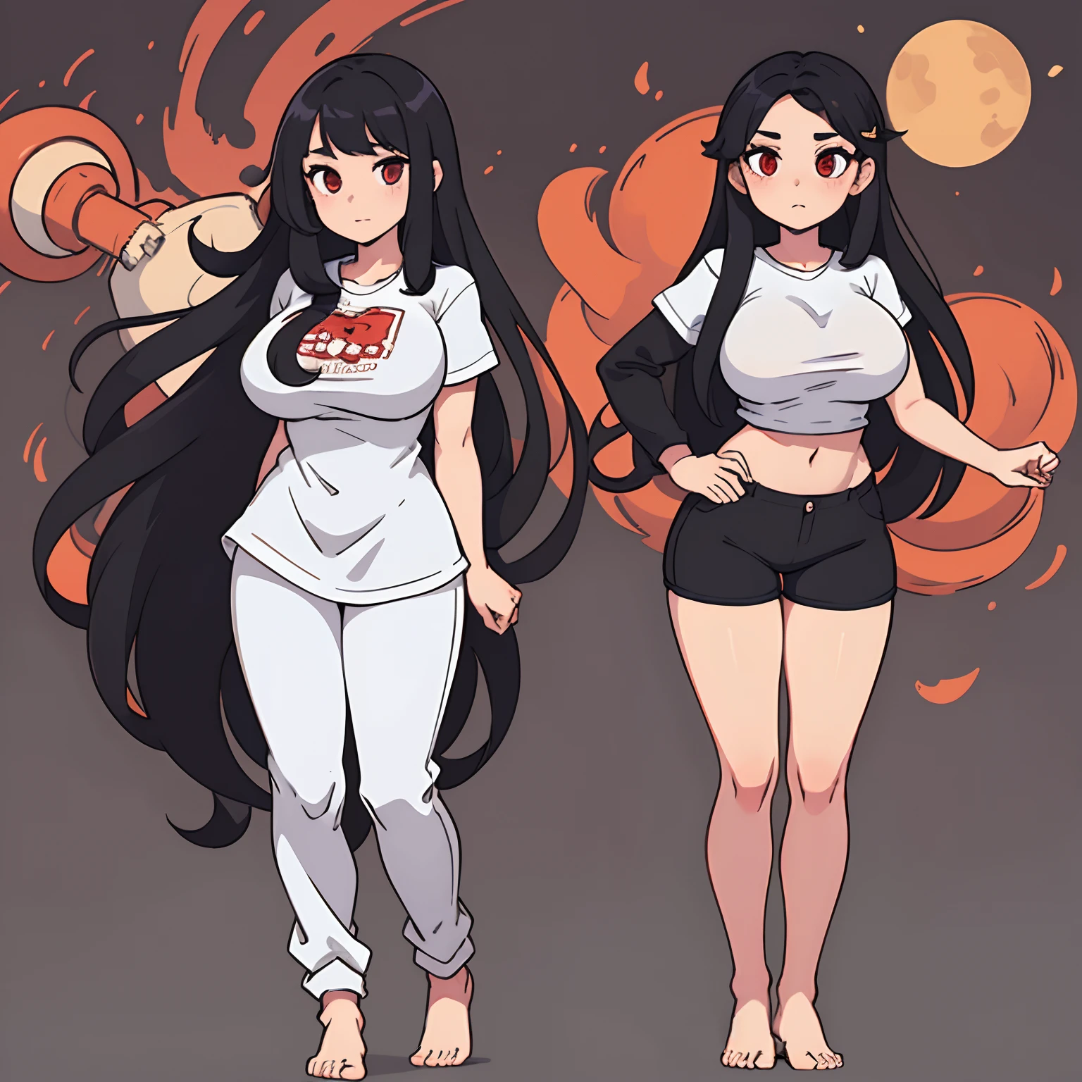 (best quality, masterpiece, illustration:1.1), [[[1girl]]], teenage woman, long black hair, giant boobs, white top, black gympants,  red eyes, beautiful, perfect body, perfect proportions, full body, idle pose, no background, tall woman. ((Hands down)), yandere