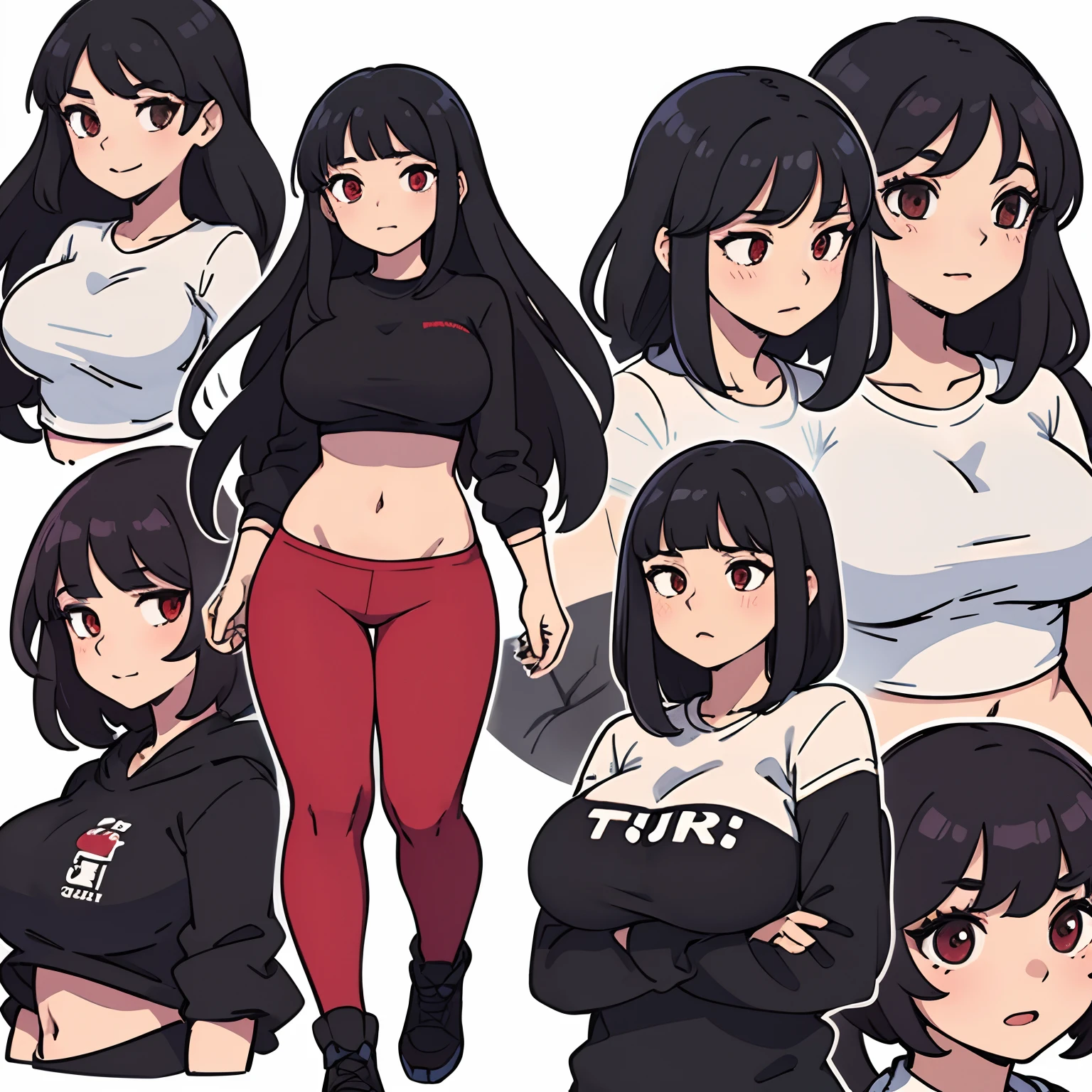 (best quality, masterpiece, illustration:1.1), [[[1girl]]], teenage woman, long black hair, giant boobs, white top, black gympants,  red eyes, beautiful, perfect body, perfect proportions, full body, idle pose, no background