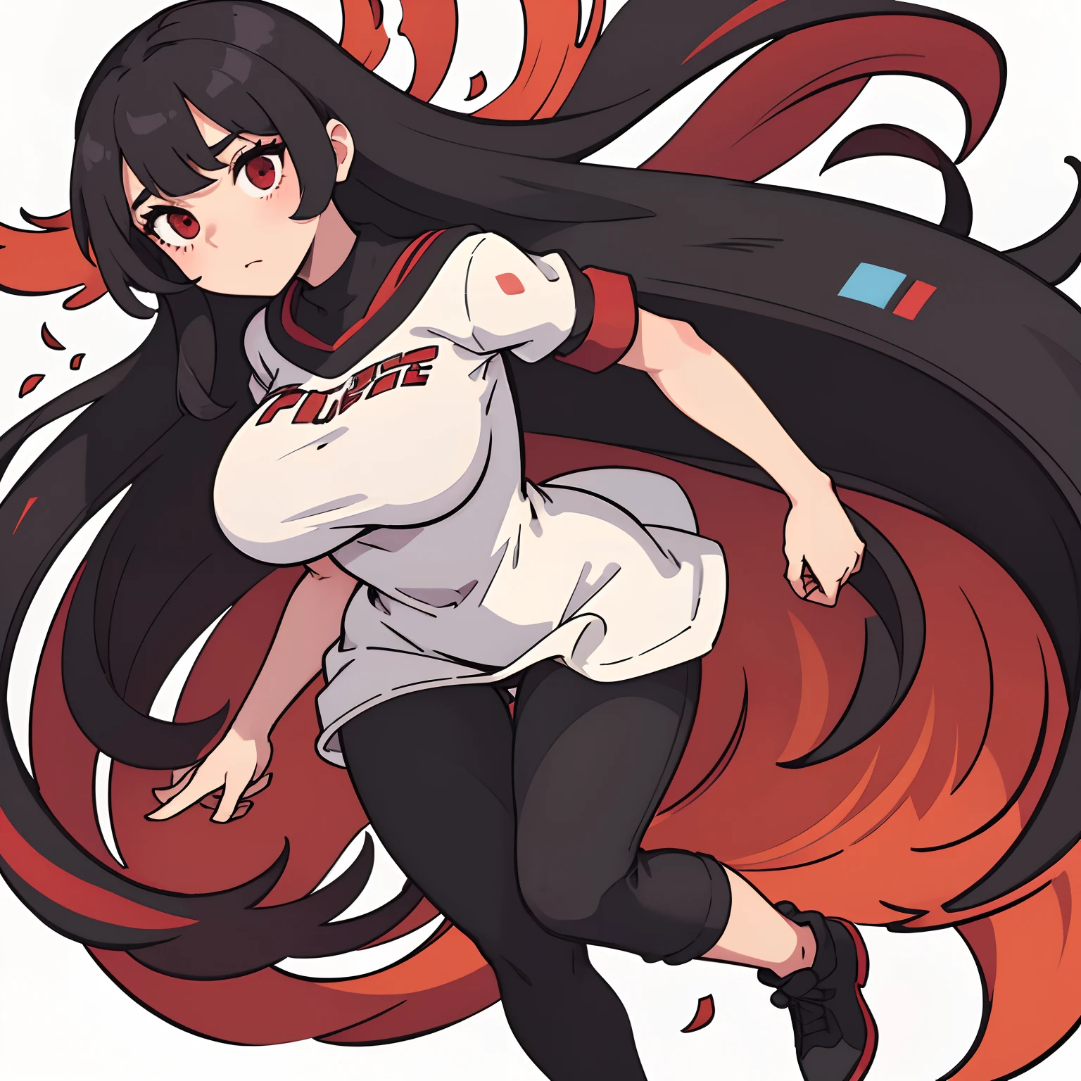 (best quality, masterpiece, illustration:1.1), [[[1girl]]], teenage woman, long black hair, giant boobs, white top, black gympants,  red eyes, beautiful, perfect body, perfect proportions, full body, idle pose, no background