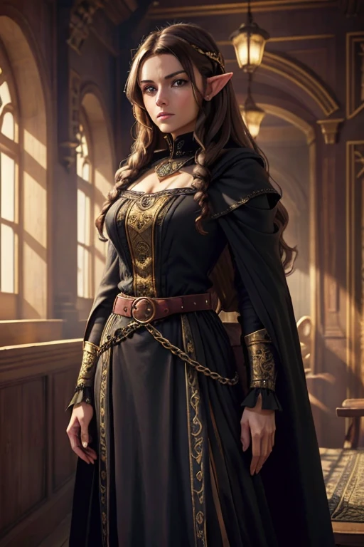 1woman, Nordic features, (age mid 40's), D&D Bard, female Elf, (noble lady:1.33), royal lady, detailed face, beautiful face, minor wrinkles on face, very long elf ears, long hair, wavy hair, (brunette hair:1.5), wide eyes, detailed eyes, blue eyes, full business suit, black and gold sit, long sleeves suit, (hidden hands:1.5), (long skirt), long cloak, black cloak, detailed belt, cloth belt, belt with jewels, background of interior Victorian office, background of Victorian industrial city, background of black and gold, vivid colors, studio lighting, ultra-detailed, HD anime.