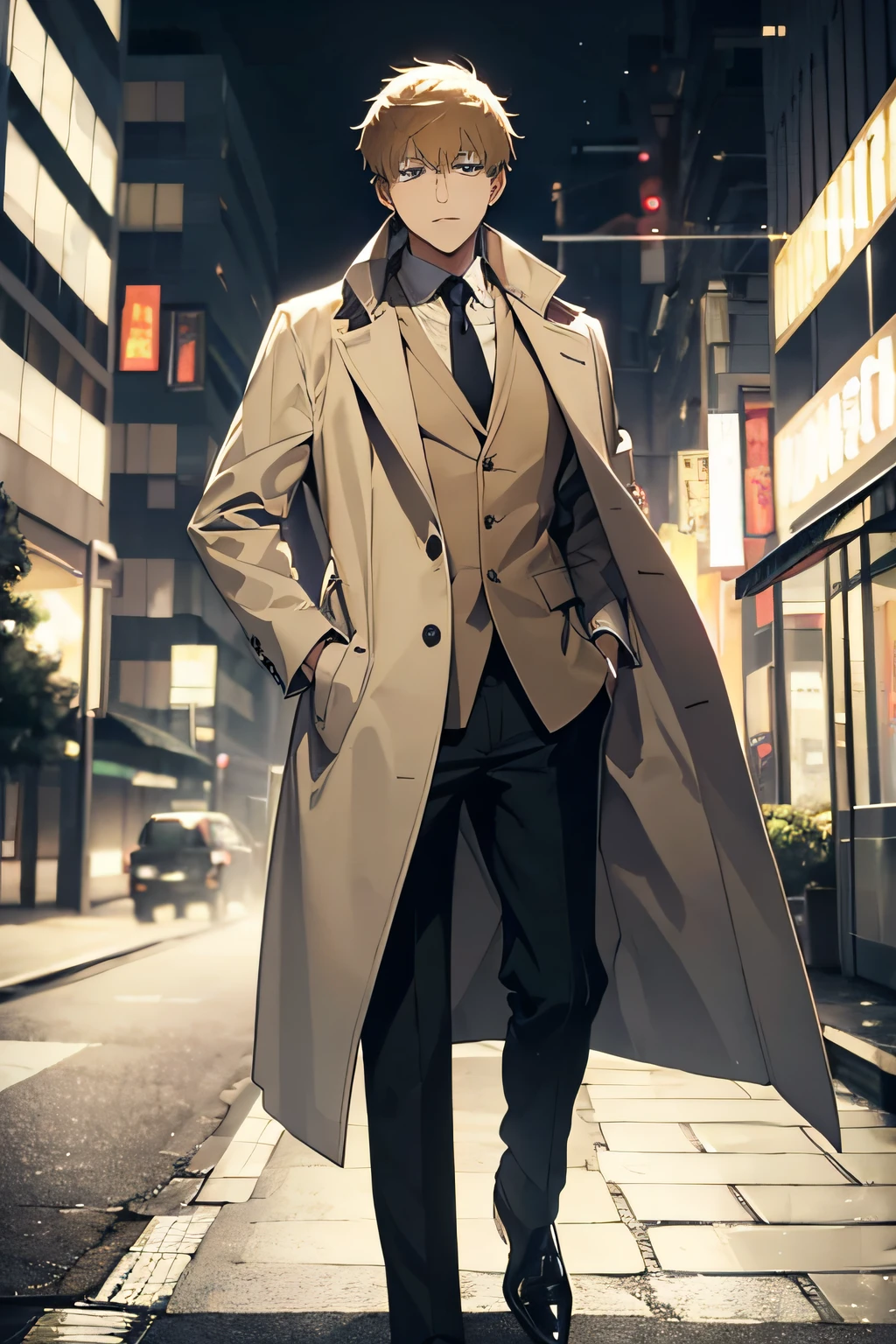 Reigen Arataka in a formal suit and beige raincoat