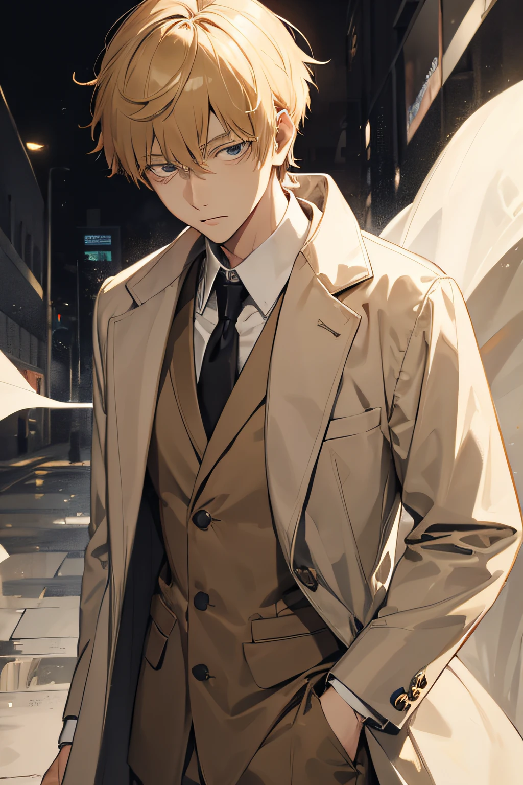 Reigen Arataka in a formal suit and beige raincoat