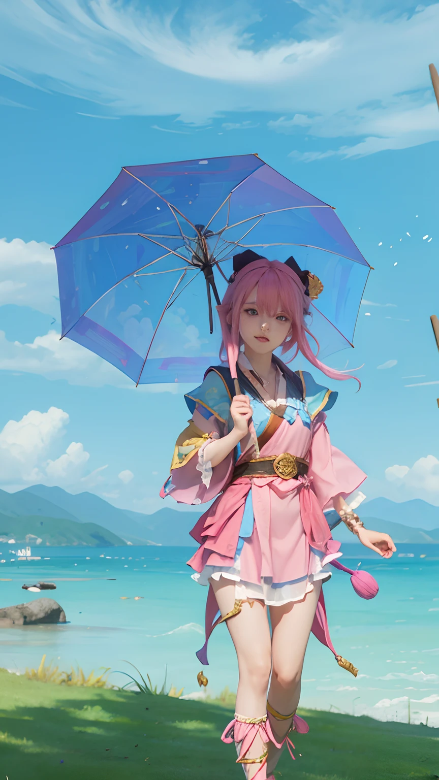 1girl,kagura mobile legend,long hair,pink hair,holding blue umbrella,brown dress,ultra detail