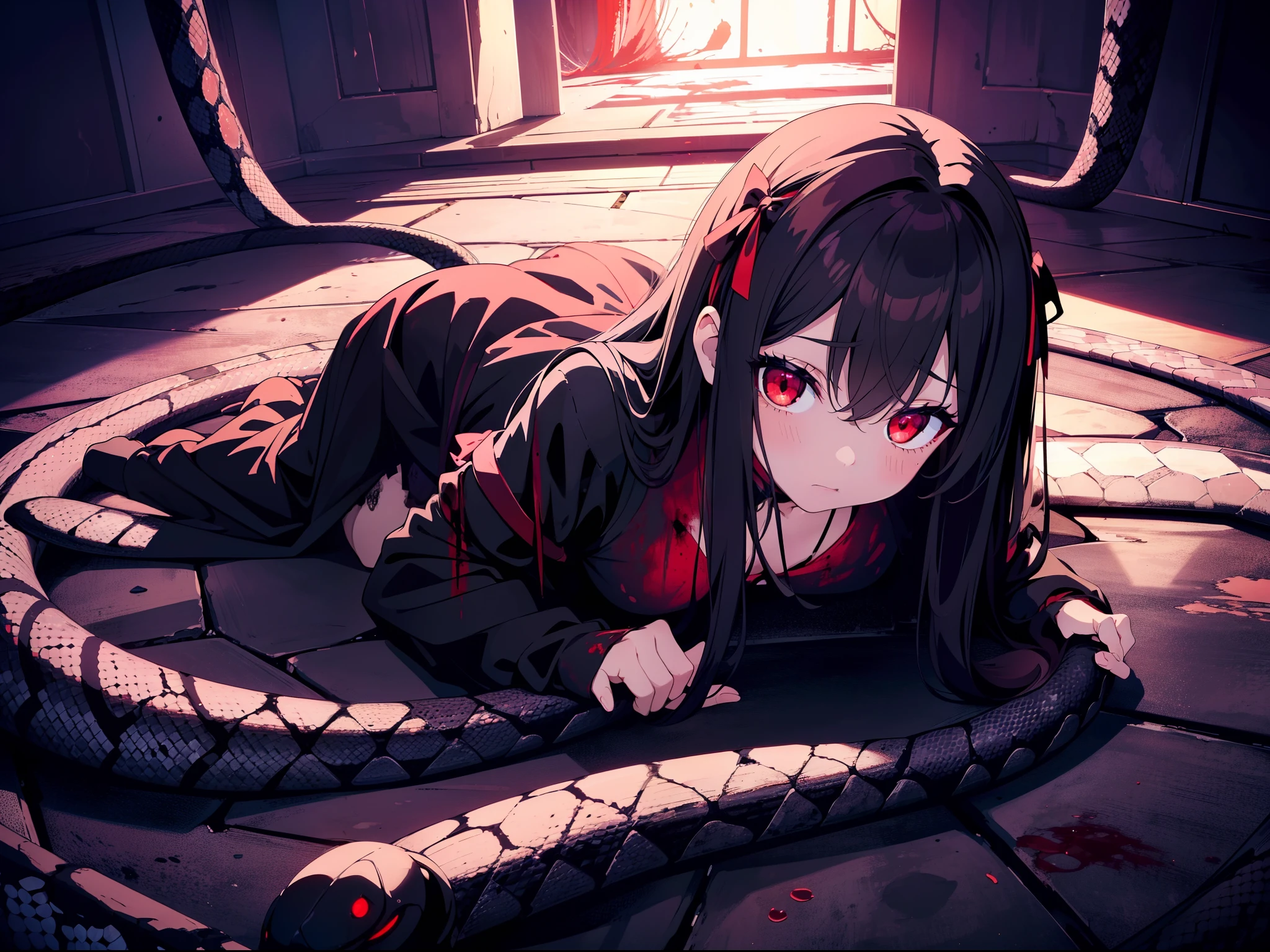 1 loli girl , (((red lighting))) ,((tied up with chains)) ,full body, cinematic lighting, ((candles)) , ((Faintly emerge from the darkness)) , cinematic angle , ((blood rain)) , (rape face) ,black long straight hair, hair ribbon , red eyes,black dress, ((tattered clothes)), (glowing eyes), (((horror))) ,(background Torture room),((masterpiece)), ((best quality)), ((ultra-detailed)), (illustration), ((an extremely delicate and beautiful))