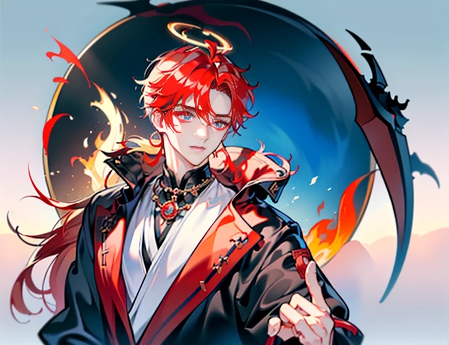 The hair color of the god of light from heaven is a fiery red gradient to platinum。The color of the eyes is glazed,Lazy gaze。He wears a metal halo that symbolizes glory on his head。There is a faint peach blossom mark in the center of the eyebrows。Dressed in a Tang costume,He wears a necklace of pure black devil wings around his neck。The weapon in his hand is a very handsome scythe 16k.