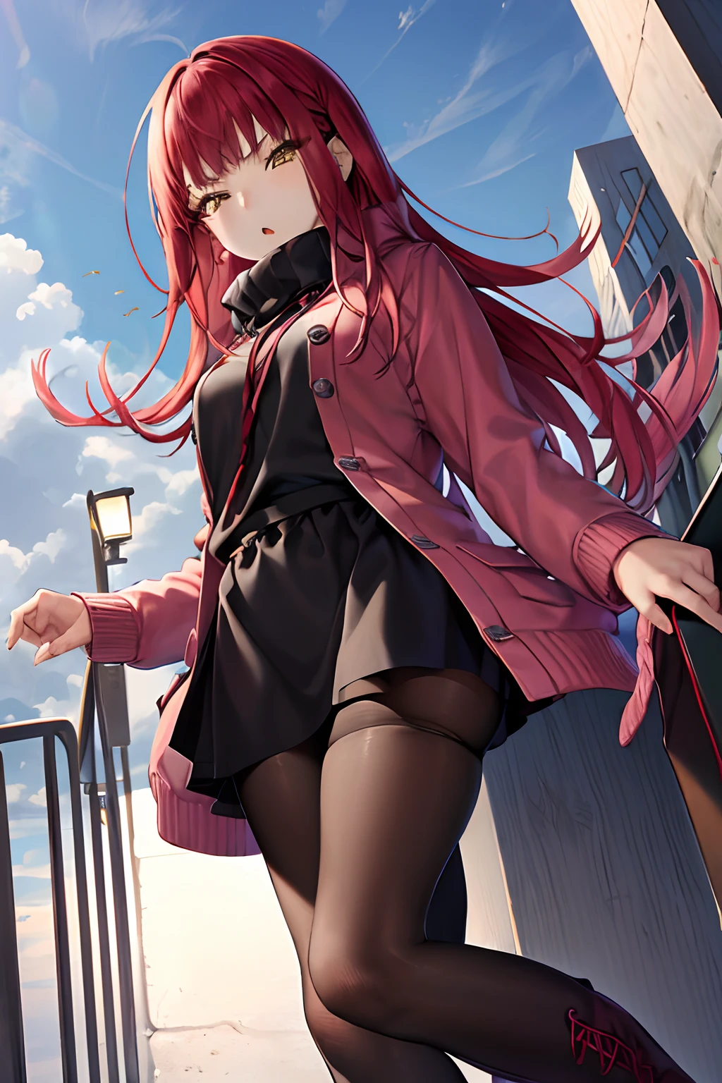 masutepiece, Best Quality, absurderes, Perfect Anatomy, 1girl in, Solo, Yoko Katori, Long hair, Knitted Outerwear、((a miniskirt)), ((pantyhose))、((long boots))、((Photo from below))、((Show panties))、((Stomp on viewers))