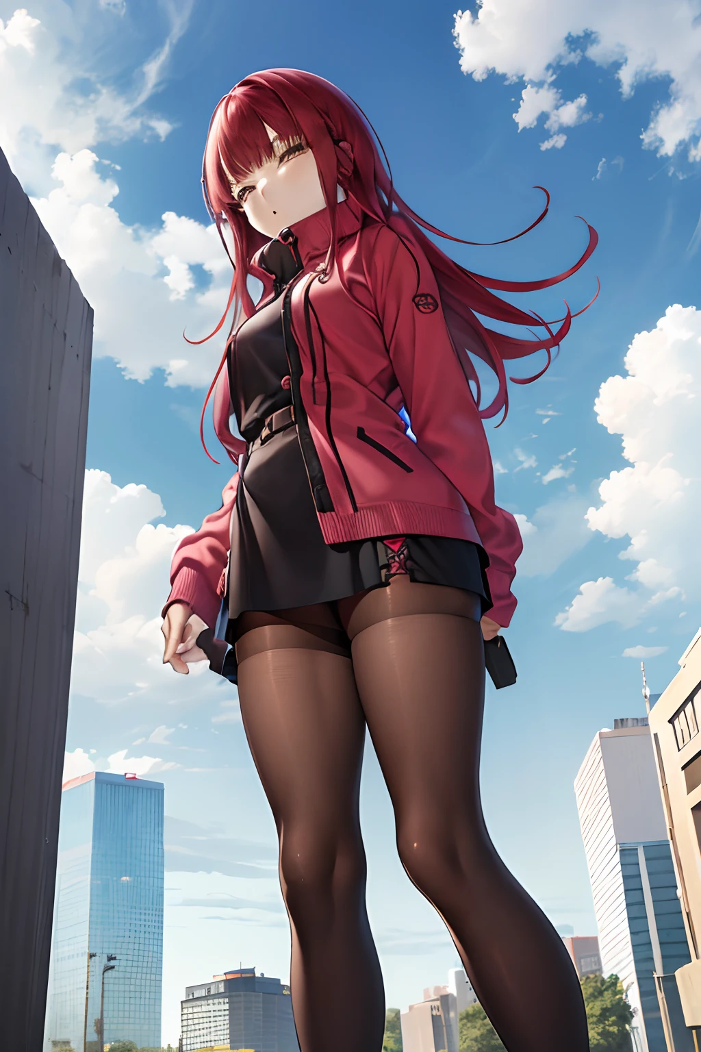 Anime girl in short skirt and jacket standing on a ledge - SeaArt AI