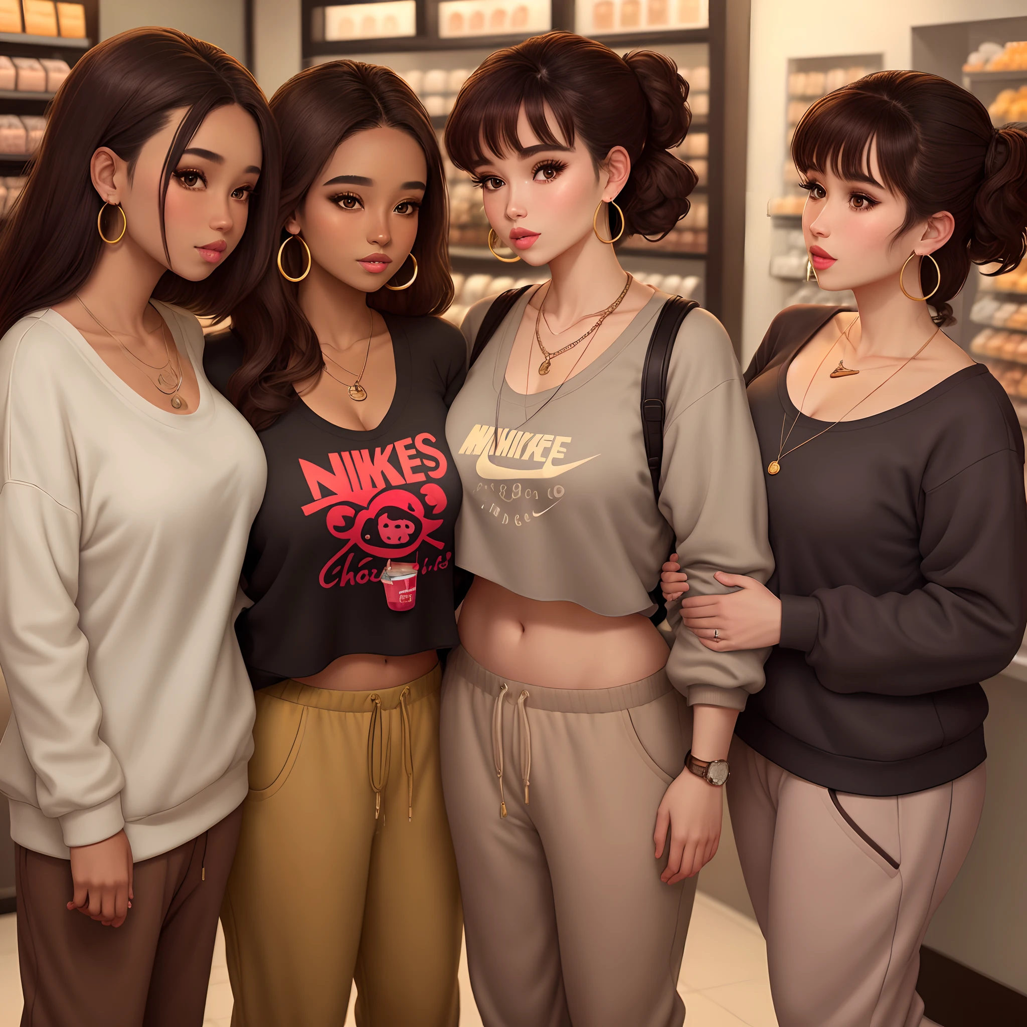 brown girl indian and persian with pretty big lips not too big and brandy melville wide leg sweat pants with a beige light nike crewneck wearing dark chocolate uggs and a red kendra scott necklace with little hoop earrings and medium length dark brown hair thick but straight behind a boba time store