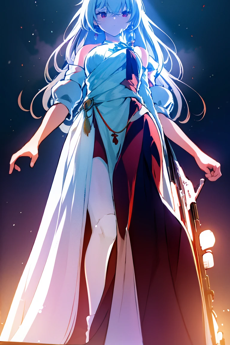 White-haired woman,Red aura around,Beautiful red eyes,White gauze dress, thin, It covers all vital organs except the face..., Wear a knee-length white dress....,The arm does not reach the top of the hip....,The arms are small.., But the ligaments are very large....,Soft hands,at night,red moon,turned sideways..