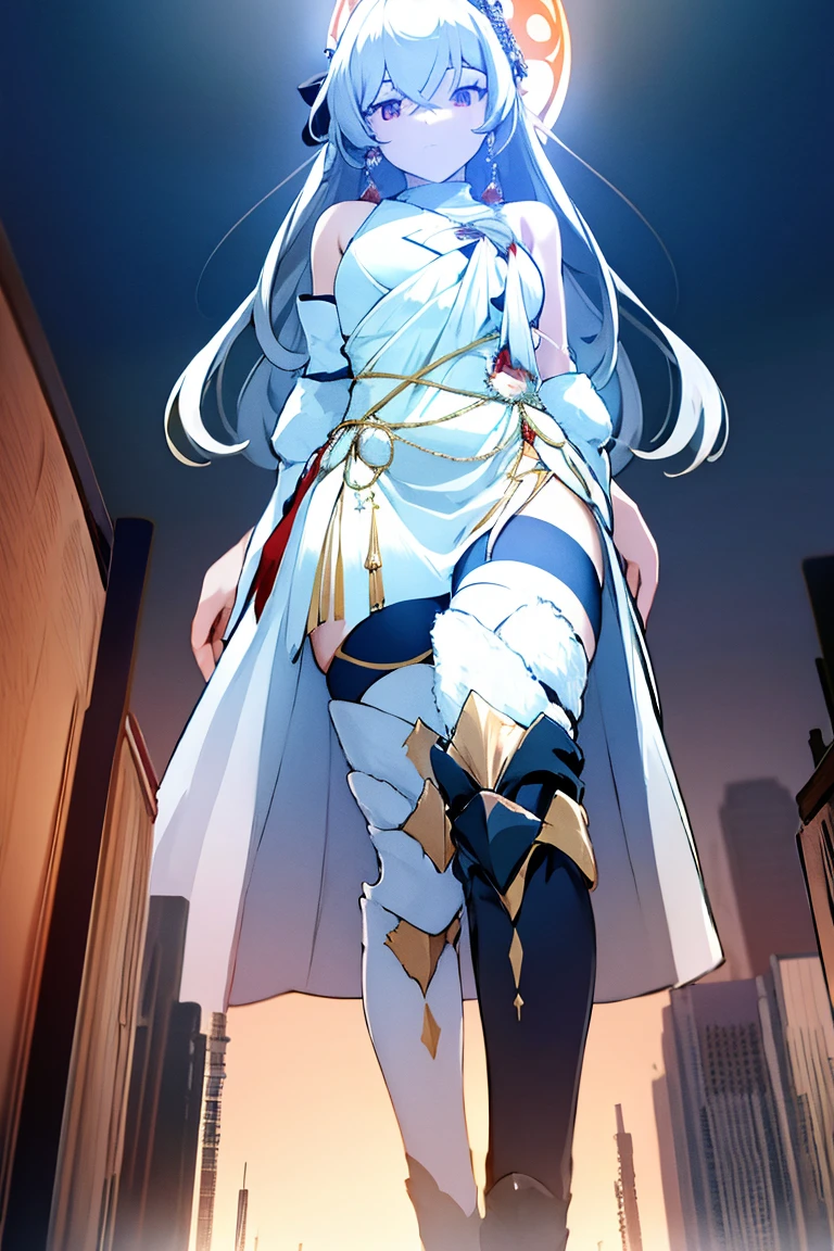 White-haired woman,Red aura around,Beautiful red eyes,White gauze dress, thin, It covers all vital organs except the face..., Wear a knee-length white dress....,The arm does not reach the top of the hip....,The arms are small.., But the ligaments are very large....,Soft hands,at night,red moon,turned sideways..