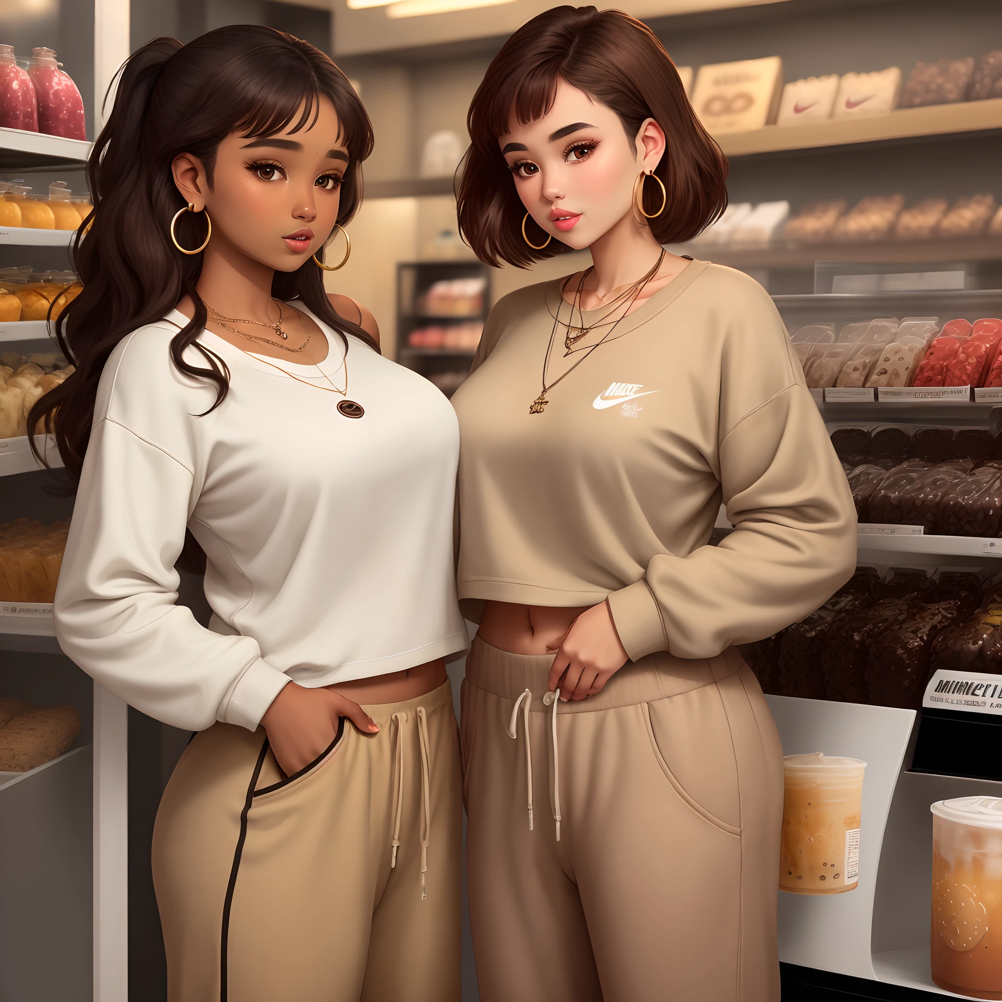 brown girl indian and persian with pretty big lips not too big and brandy melville wide leg sweat pants with a beige light nike crewneck wearing dark chocolate uggs and a red kendra scott necklace with little hoop earrings and medium length dark brown hair thick but straight behind a boba time store