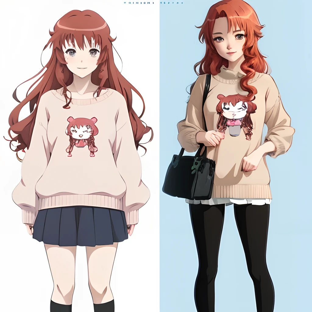 anime girl with cute long red hair, anime full body illustration, flat anime style,wearing an anime style sweater, dressed with long fluent clothes, anime style character, single character full body, anime style illustration, soft anime illustration, anime stylized, style anime, casual pose, sayori, pretty anime character design, retro anime girl, stylized anime, anime set style
