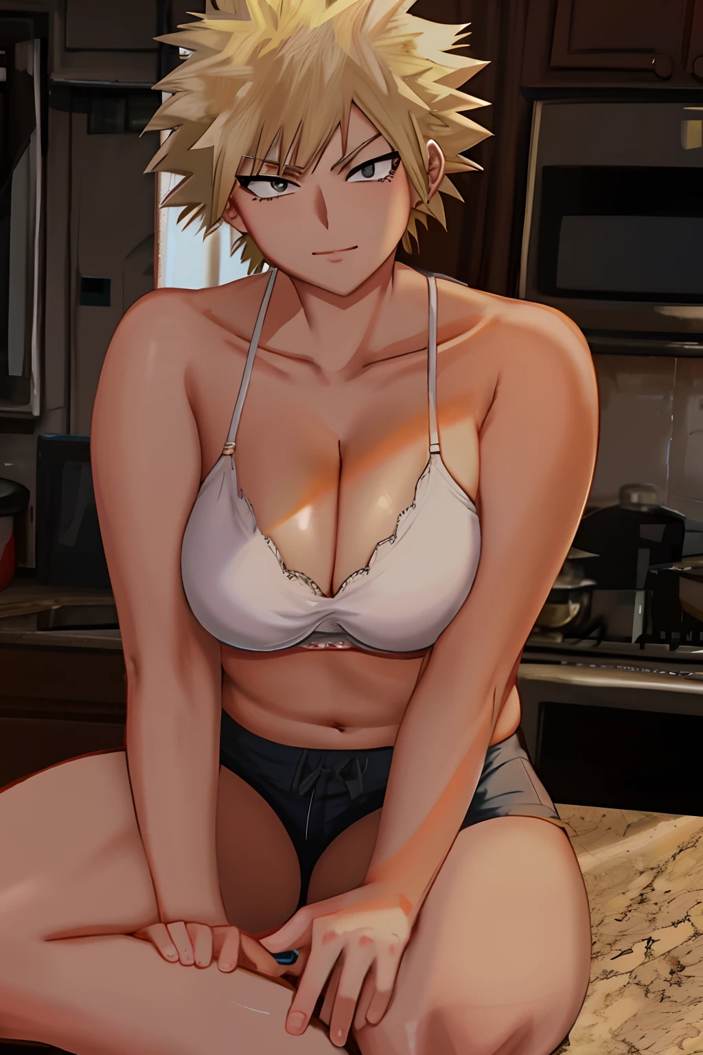blond haired woman in a white bra top sitting on a counter, low cut top, 24 year old female model, in the kitchen, sfw huge breasts, low view, on kitchen table, close up half body shot, thicc, cleavage, beautiful thick female, buxom chested, white bra, wearing a low cut tanktop, bakugo's mom from boku no hero academia, bakugo's mom from my hero academia