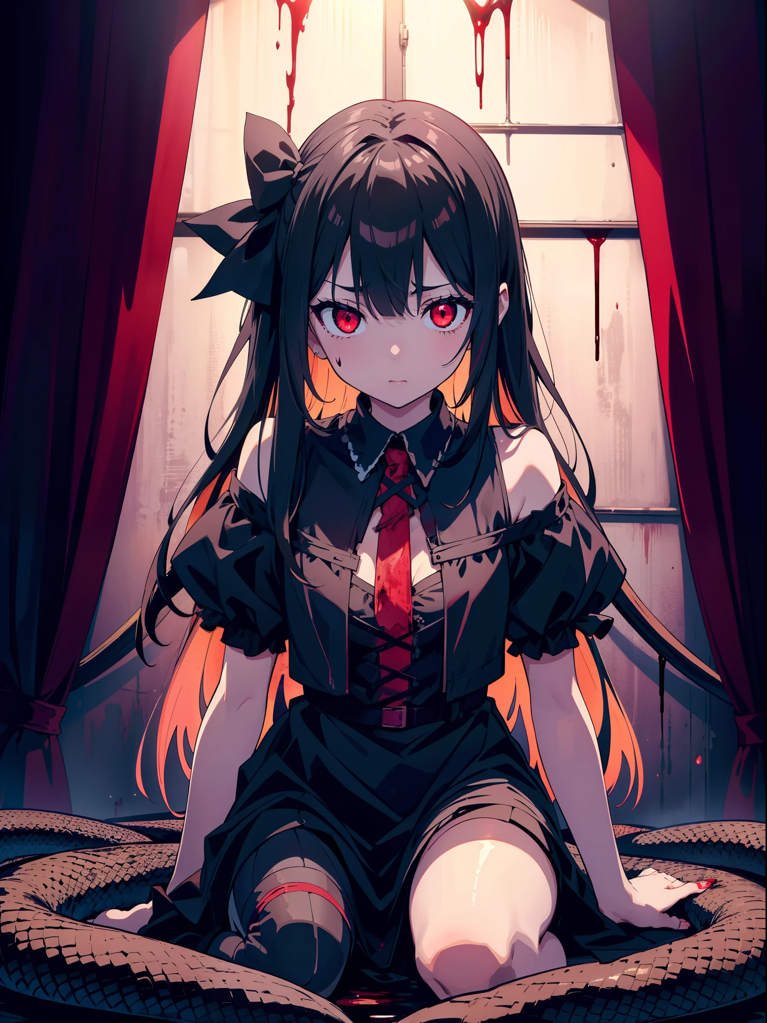 1 li girl , girl is like lucifer , (((dark lighting))) ,((tied up with snakes)) ,full body, cinematic lighting , (Faintly emerge from the darkness) , cinematic angle , ((blood sea)) , (rape face) ,black long straight hair, hair ribbon , red eyes,black dress, ((tattered clothes)), (glowing eyes), (((horror))) ,(background Torture room),((masterpiece)), ((best quality)), ((ultra-detailed)), (illustration), ((an extremely delicate and beautiful))