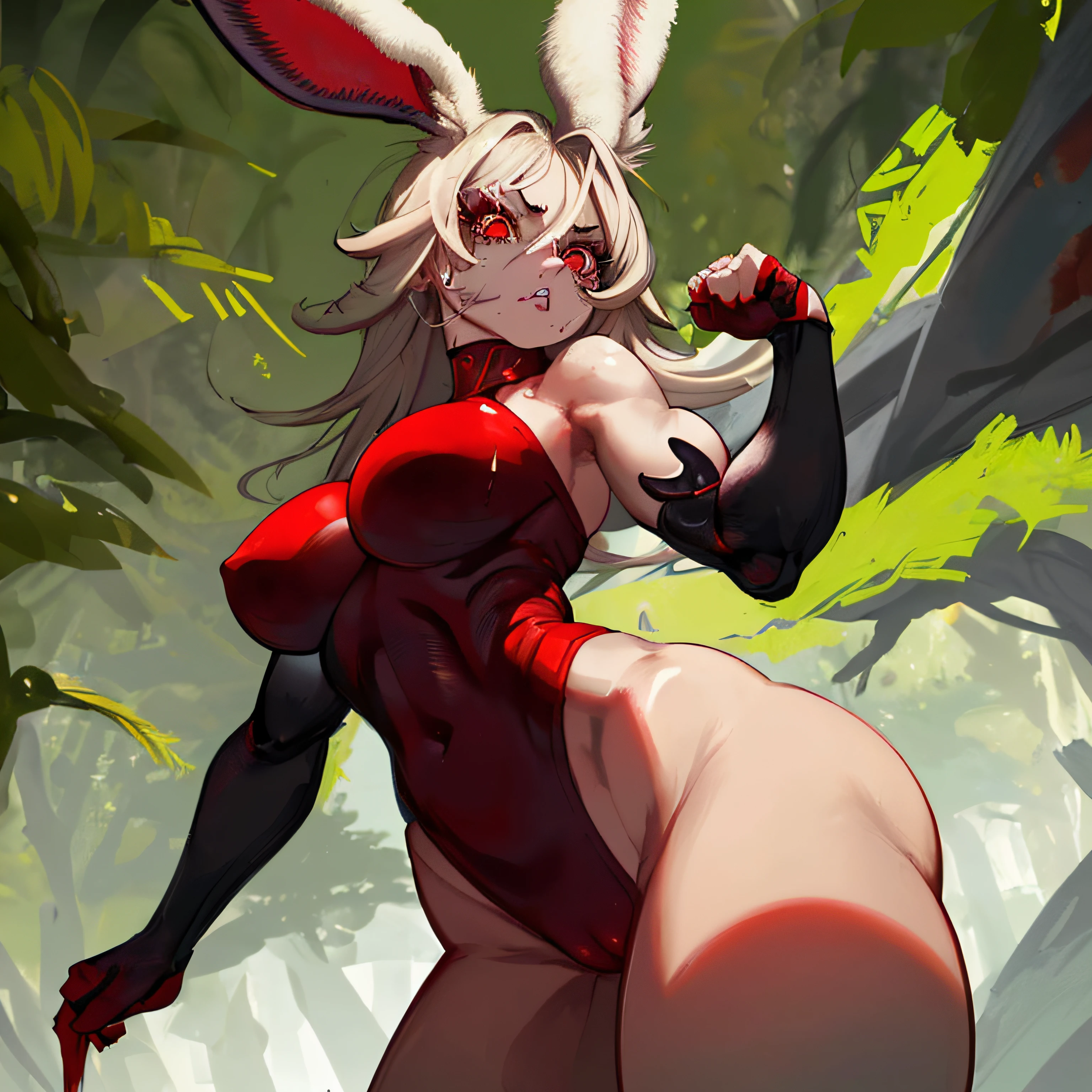 Viera girl, red eyes, Angry face, rosto detalhado, olhos detalhados, boca detalhada, corpo detalhado