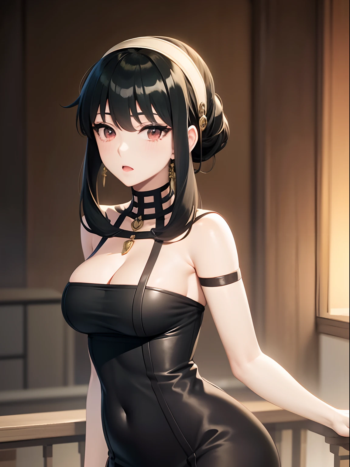 masuter piece, Best Quality, 超A high resolution, top-quality, Anime style, Yol・Forger, Spy Family, (1girll:1.4), Black Dress, black-green hair, Yellow headband, Hair UP, Night background