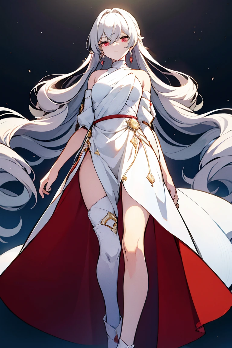 White-haired woman,Red aura around,Beautiful red eyes,White gauze dress, thin, It covers all vital organs except the face...., Wear a knee-length white dress.....,The arm does not reach the top of the hip.....,The arms are small..., But the ligaments are very large.....,Soft hands,at night,red moon,turned sideways..
