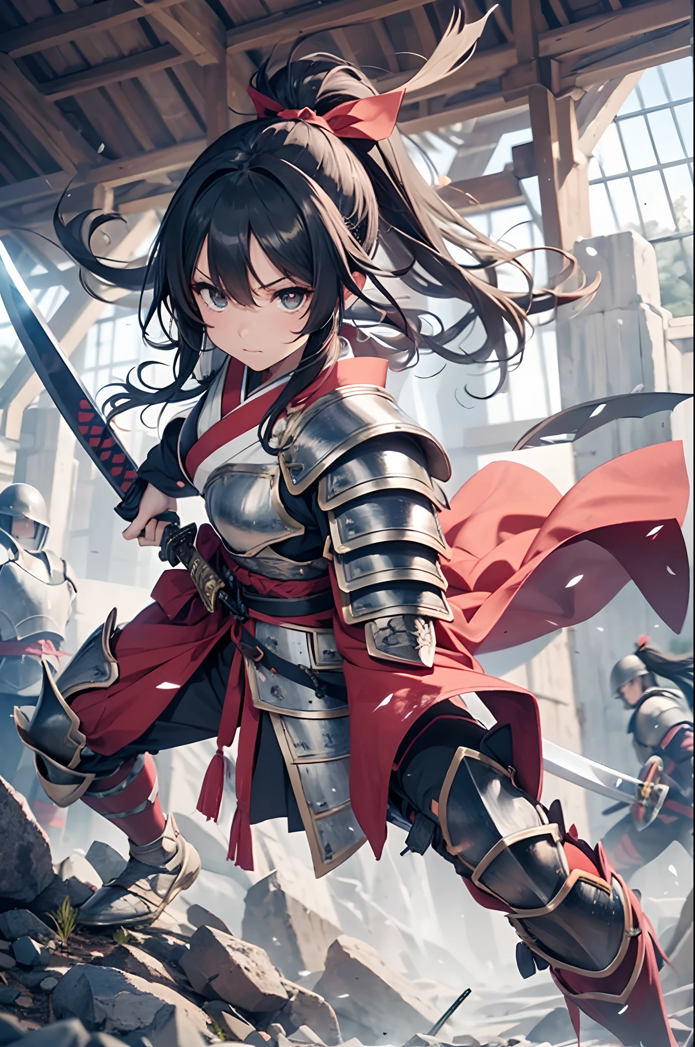 Raise your sword aloft、Anime characters in armor, 1girl in, Samurai,arma, Sword, Black hair, Solo,round big eyes,Deep scarlet eyes, Ponytail, Long hair, katanas, Hakama,((Japanese armor))),((plate armor)), holding weapon, ((Leg armor)), Hold the sword, Looking at Viewer,helmets,((Hair band with metal plate)),Dynamic Action Pose,cliff,falls,