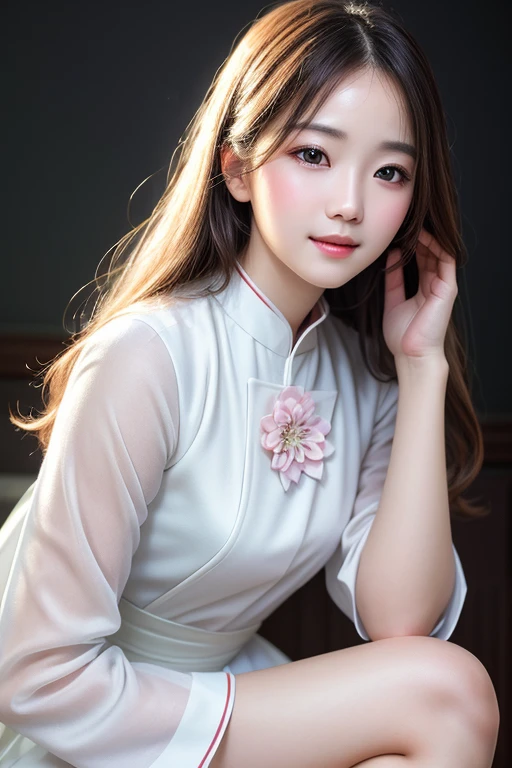 1girl, aodai white, photo art, (flower), a stunning photo with beautiful saturation, ultra high res,(realistic:1.4)),deep shadow,(best quality, masterpiece), pale skin, dimly lit, shade, flustered, blush, highly detailed, skinny, BREAK depth of field, film grain, wrinkled skin, looking at viewer, knee, warm smile, (upper body), masterpiece,ultra realistic,32k,extremely detailed CG unity 8k wallpaper, best quality