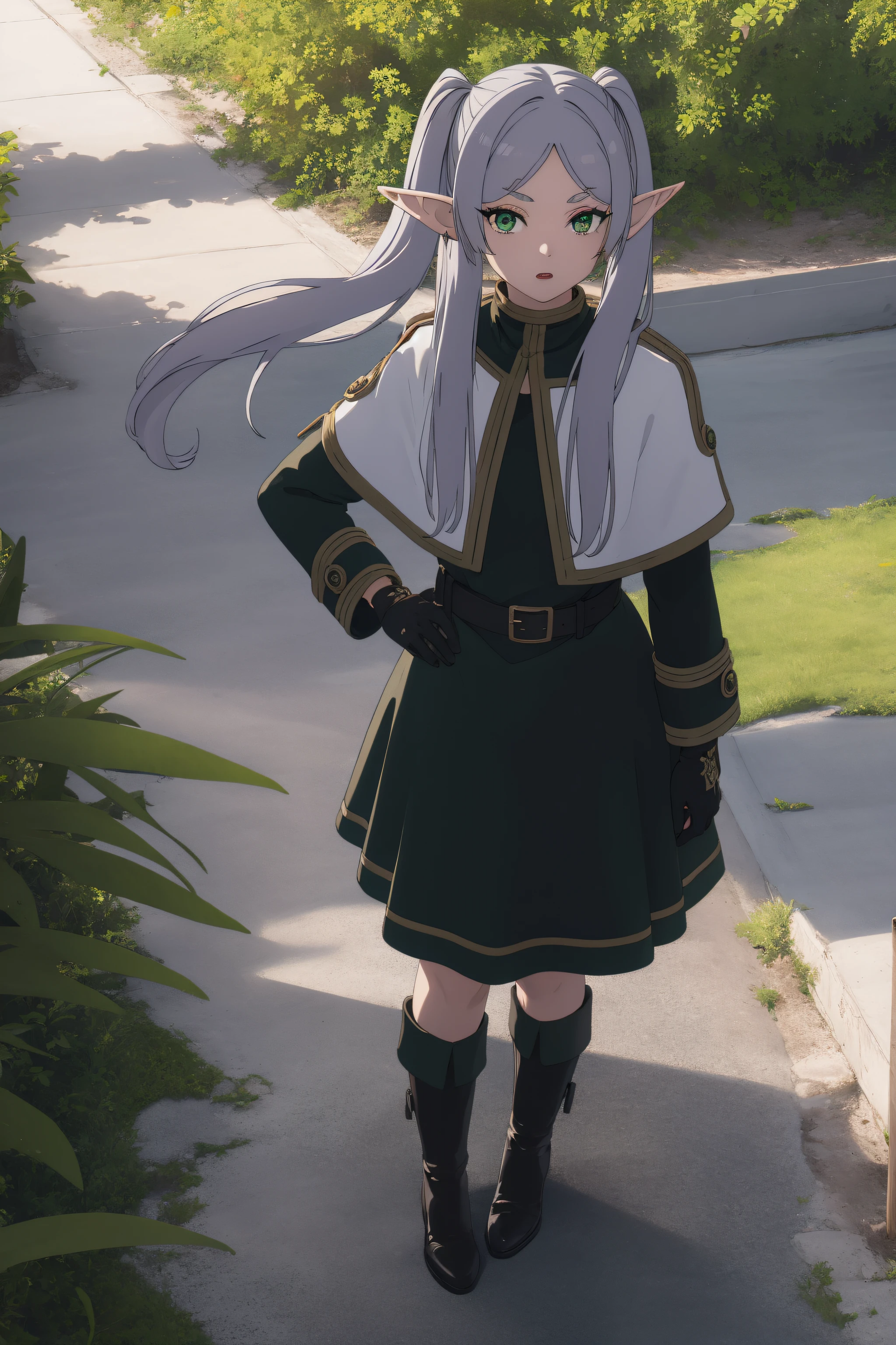 frieren, frieren, long hair, twintails, (green eyes:1.5), grey hair, pointy ears, elf,
BREAK black gloves, elbow gloves, fur trim, dress, coat, High contrast,
BREAK looking at viewer, upper body, (full body:1.2),standing,hand on hip, angry, pov
BREAK outdoors, sky, nature,
BREAK (masterpiece:1.2), best quality, high resolution, unity 8k wallpaper,NSFW ,(illustration:0.8), (beautiful detailed eyes:1.6), extremely detailed face, perfect lighting, extremely detailed CG, (perfect hands, perfect anatomy),