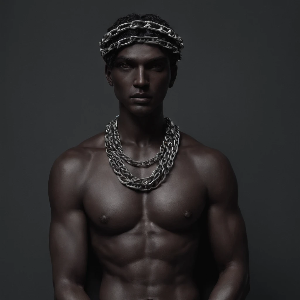 Chained Greek god statue in a dark studio, perfect body statue, man statue, slave in chains representation, minimal background, classic physique.