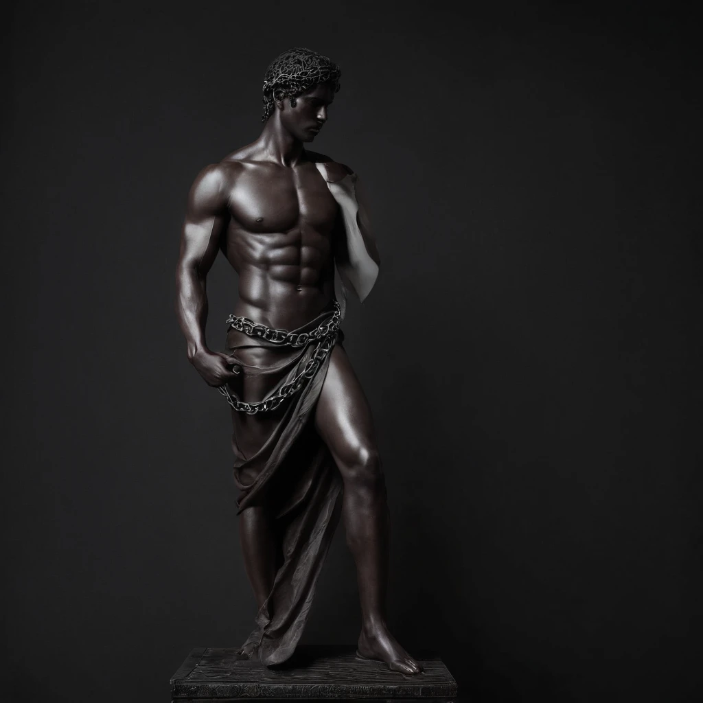 Chained Greek god statue in a dark studio, perfect body statue, man statue, slave in chains representation, minimal background, classic physique.