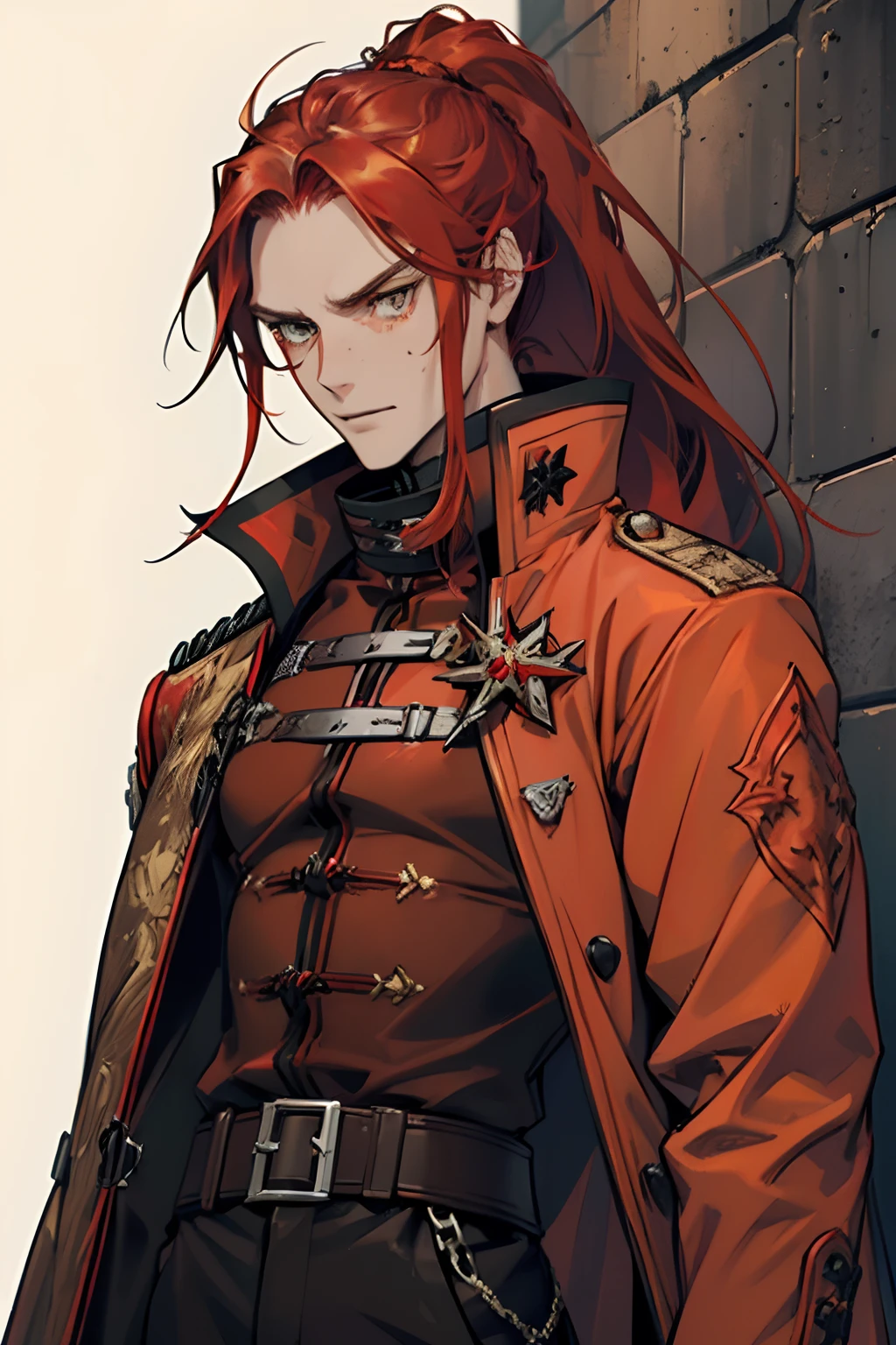 (((ember))), Guy, slim physique, ah high, A young, Long red hair, hair in a ponytail, (((amber eyes))), higly detailed, Gloomy, European, (((Senior))), wrinkles, Without bristles, Gloomy, (((red chestcoat))), gloves, aristocracy, freckles, (((No tattoos))), (((narrowed eyes))), (((closed clothing))), yellow eyes, up close, (((contemporary)))
