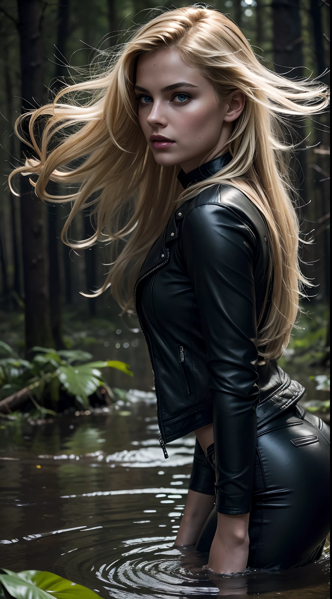Dynamic Frame, deep forest, natta, (Pitch darkness:1.2), Afflicted by lust, girls, (Drowning in a swamp:1.2), Noticeably, frankly, Emotional stress, Sweaty, flushed, hot pants, leather jacket, Sensual lips, His eyes widened, (Standingn, Erotic wriggle:1.2), I tremble with anticipation, with long blond hair, Blonde hair, tousled hair,