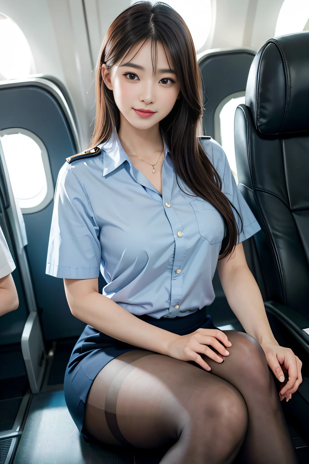 Sexy 25 year old Japan woman in stewardess uniform、jaw-dropping beauty、Wear ultra-realistic pantyhose、Sit on the plane with your legs crossed、A smile、high-heels、game_nffsw, masutepiece, Best Quality, Photorealsitic, Raw photo、8K, High resolution, Detailed skin, 8K UHD, Digital SLR, Soft lighting, High quality, Film grain, FujifilmXT3, realistic skin textures、shinny skin、Exposed thighs!!!