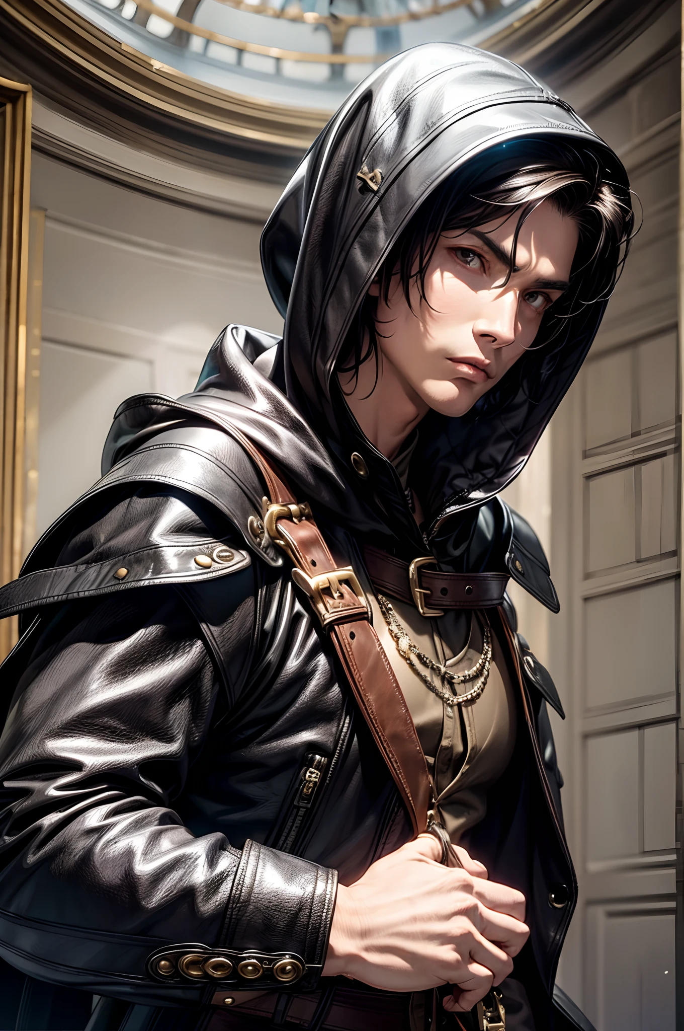 (absurderes, hight resolution, ultra-detailliert), 1 male, Adult, Handsome, High muscular face, broad shoulders, finely detailed eyes, Short black hair, Brown eyes, Black cloak, Wearing a hood, Leather Vest, Leather bag at waist......................, 2 daggers on the belt, castle, Medieval atmosphere, Natural Light and Shadow, Bright particles fly around a person, Fantastic, Mysterious, Bright glow, Seated Pose, Serious expression, Cold, thoughtful, Mouth Shut