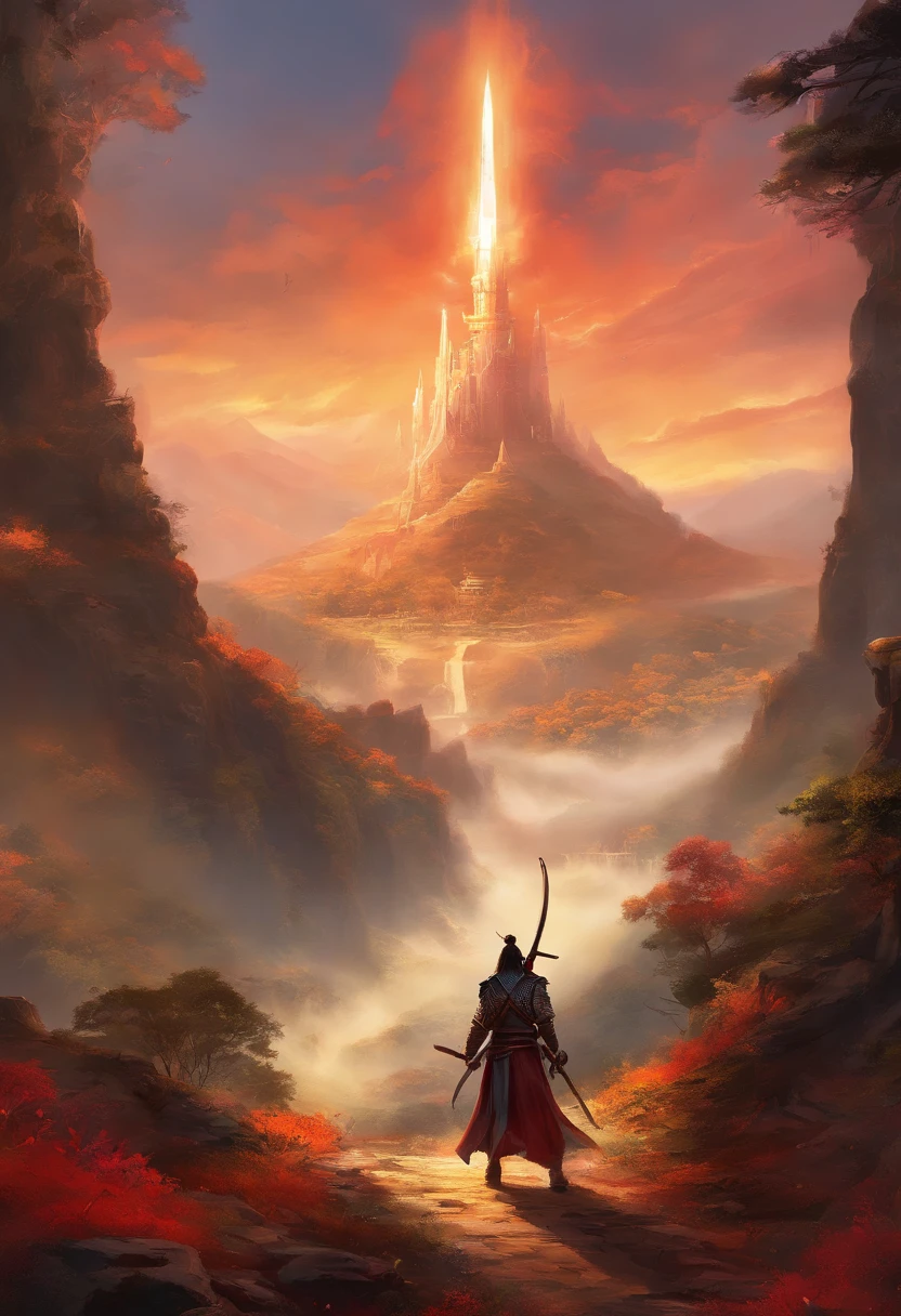 HD clear,Optimal image,illustration,超詳細,high detal,Two heavily armed samurai looked up from the mountain,eventide,In the daytime,,katana swords,longspear,preparing to fight,Blood dripping,Battle flag,eventide,sky-high tower