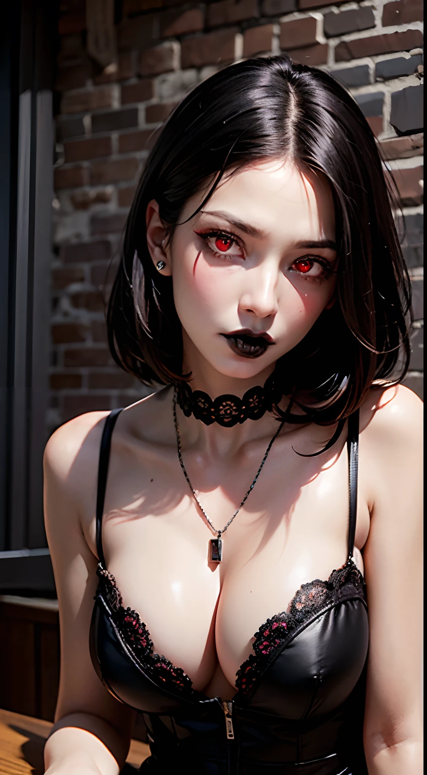 8k, masterpiece, best quality, photorealistic, raw photo, ultra high definition, 1 woman, ((red eyes:1.4)), long messy black hair, pale skin, deep blushing, medium breasts, very low cut sheer gown with lace trim, black lace choker with a diamond pendant, sitting on a desk, sad expression, head angled down, eyes looking at viewer, mouth open slightly, (black lipstick:1.4), medieval castle wall background