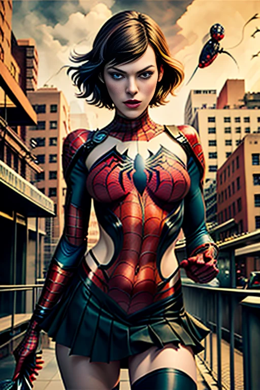 Milla Jovovich、Sticking out the navel、newyork、She wears a torn Spider-Man suit,wearing skirt、 Red and black color scheme,Dynamic、​masterpiece、top-quality、ultra-detailliert、ighly detailed、beautiful detailed brilliance、超A high resolution