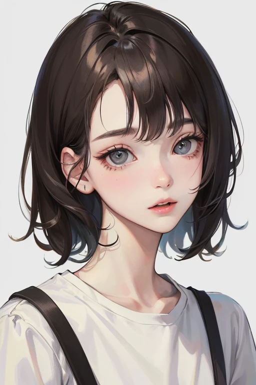 (Top resolution、Distinct_image)top-quality、femele、masterpiece、ighly detailed、Semi-realistic、grey eyes、18year old、年轻、Casual clothing、Exquisite facial features、Facial features、shorth hair
