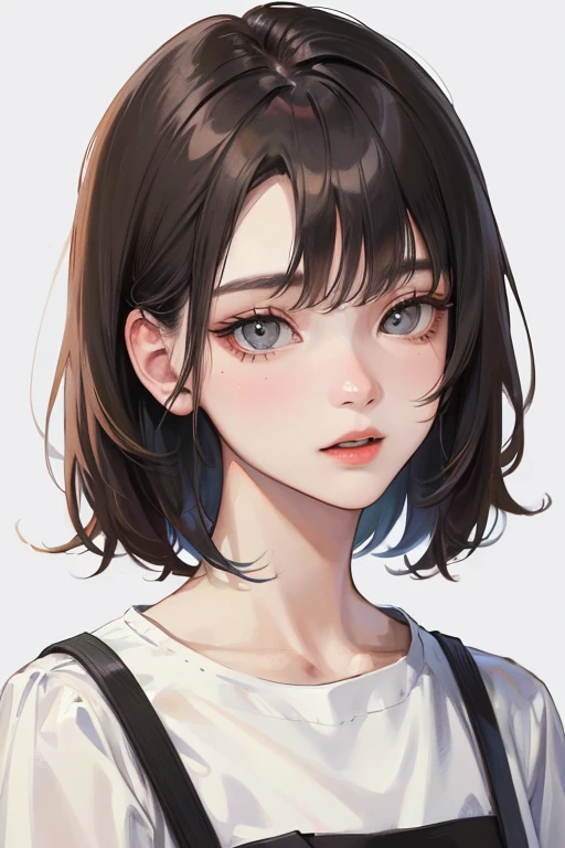 (Top resolution、Distinct_image)top-quality、femele、masterpiece、ighly detailed、Semi-realistic、grey eyes、18year old、年轻、Casual clothing、Exquisite facial features、Facial features、shorth hair