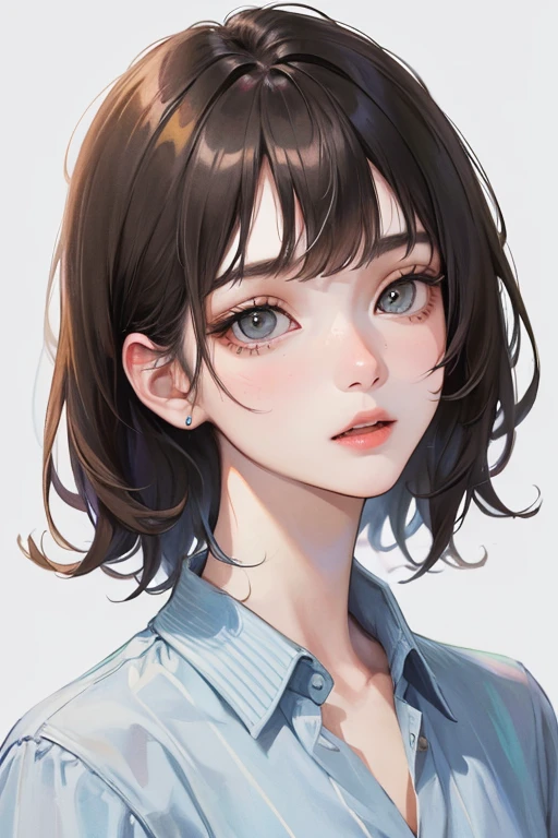 (Top resolution、Distinct_image)top-quality、femele、masterpiece、ighly detailed、Semi-realistic、grey eyes、18year old、年轻、Casual clothing、Exquisite facial features、Facial features、shorth hair